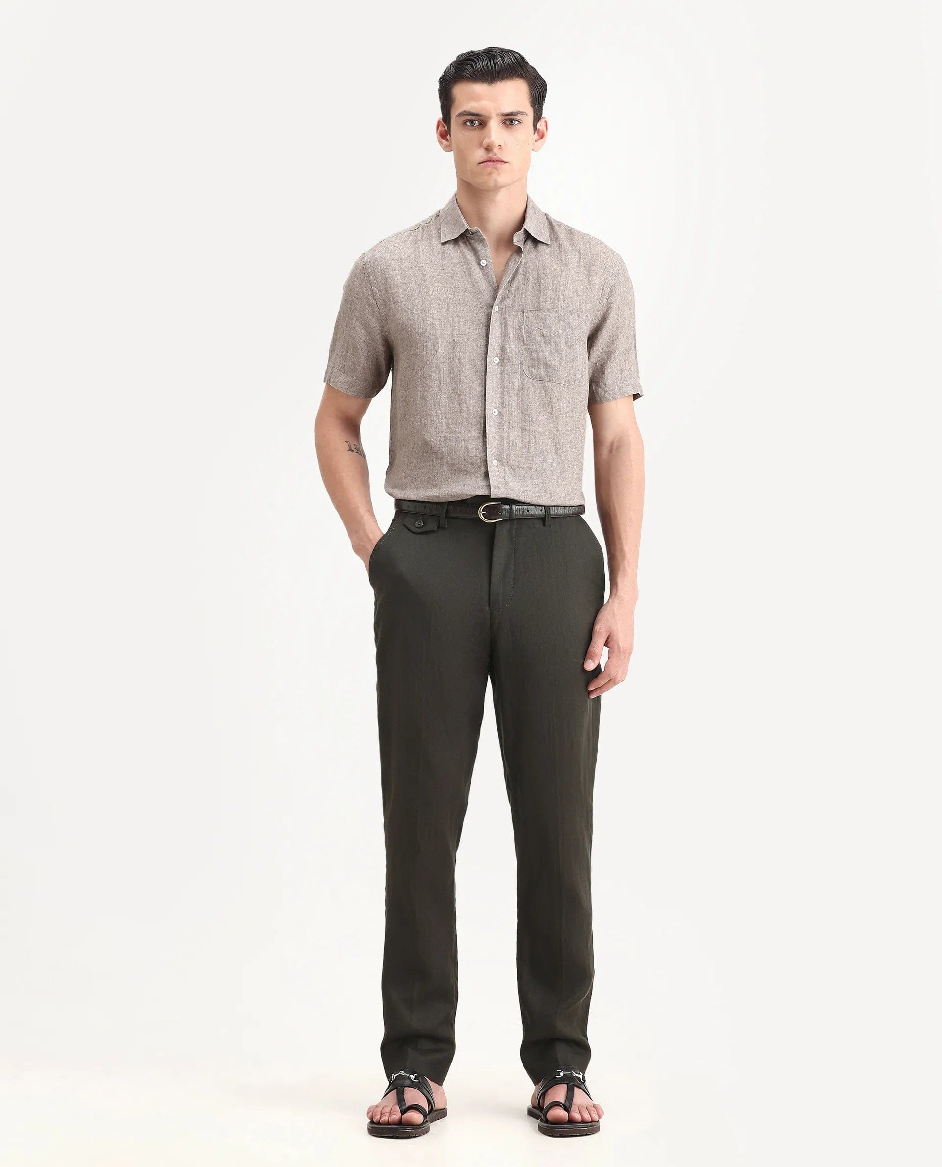 RARE Rabbit Men's Arcelo - 2 Olive 100% Linen Plain Regular Fit Trouser