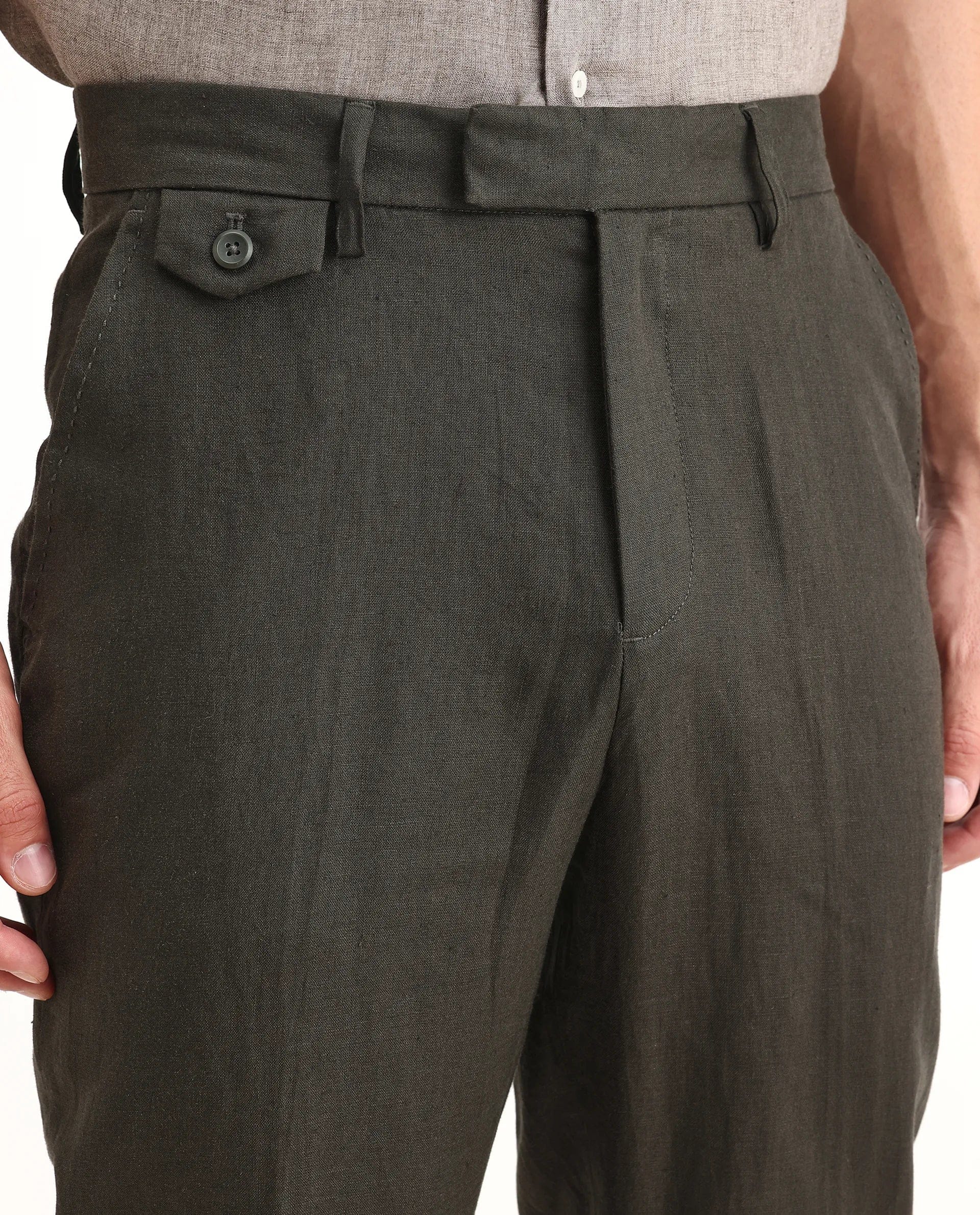 RARE Rabbit Men's Arcelo - 2 Olive 100% Linen Plain Regular Fit Trouser