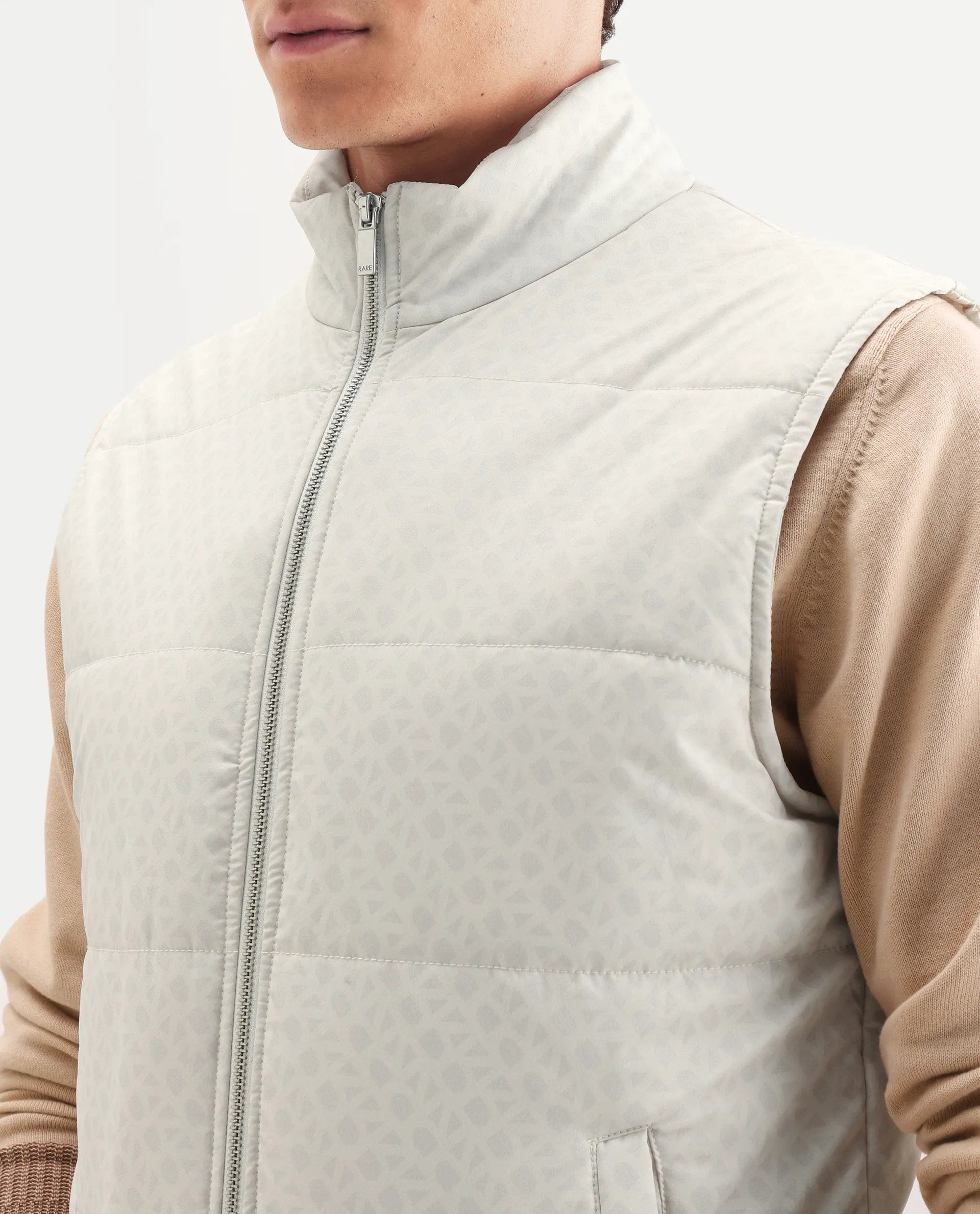 RARE Rabbit Men's Darif White Polyester Printed Regular Fit Sleeveless High Neck Jacket