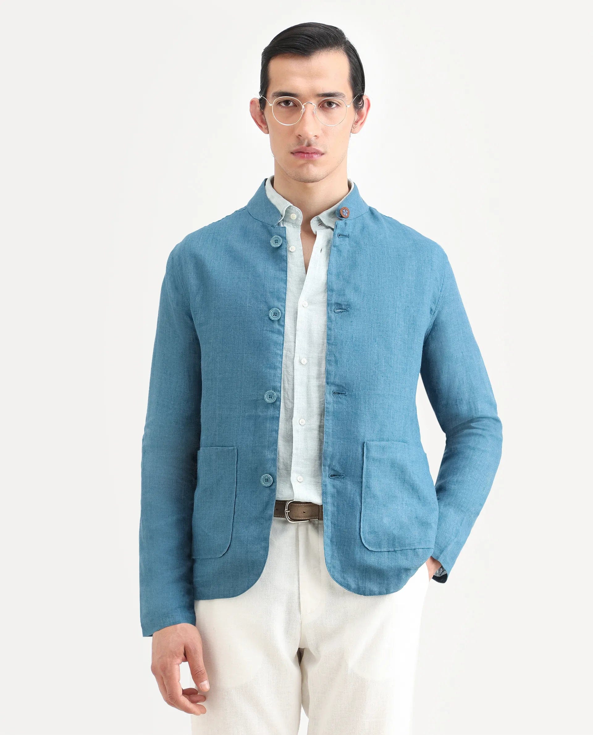 RARE Rabbit Men's Sash Blue Plain Relaxed Fit Full Sleeve Mandarin Collar Jacket