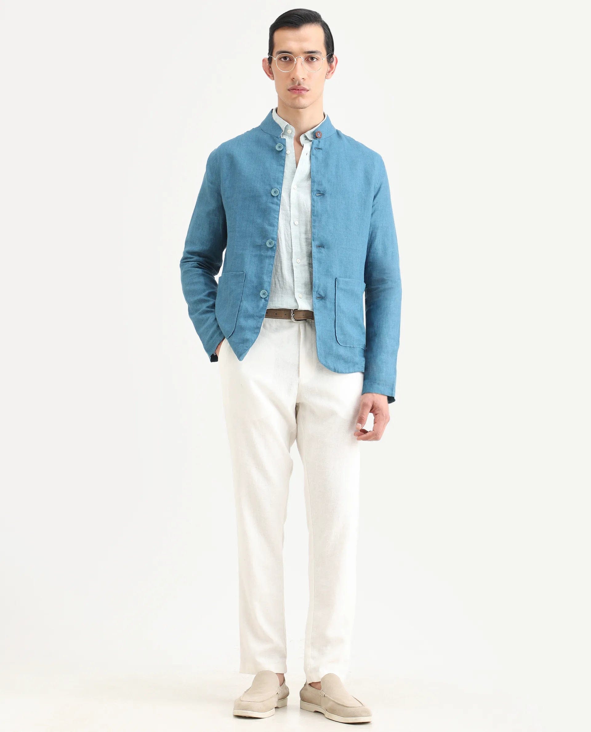 RARE Rabbit Men's Sash Blue Plain Relaxed Fit Full Sleeve Mandarin Collar Jacket