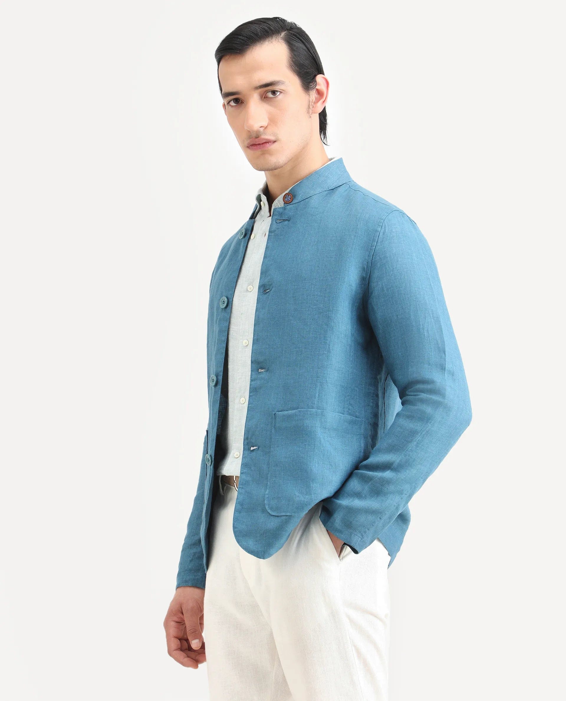 RARE Rabbit Men's Sash Blue Plain Relaxed Fit Full Sleeve Mandarin Collar Jacket