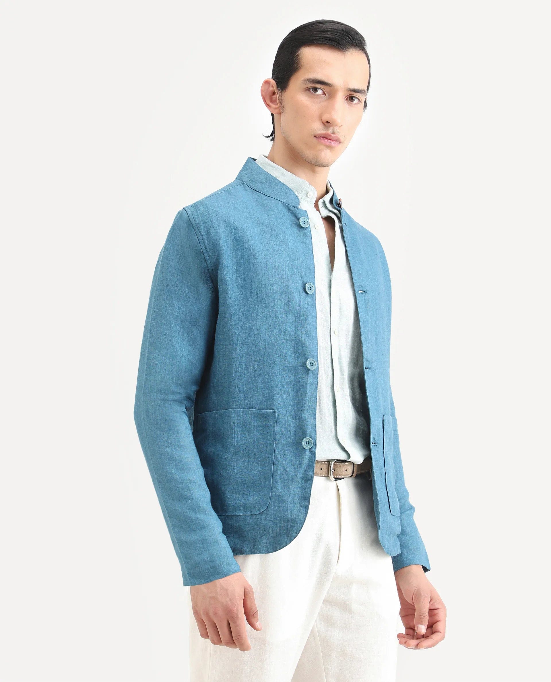 RARE Rabbit Men's Sash Blue Plain Relaxed Fit Full Sleeve Mandarin Collar Jacket