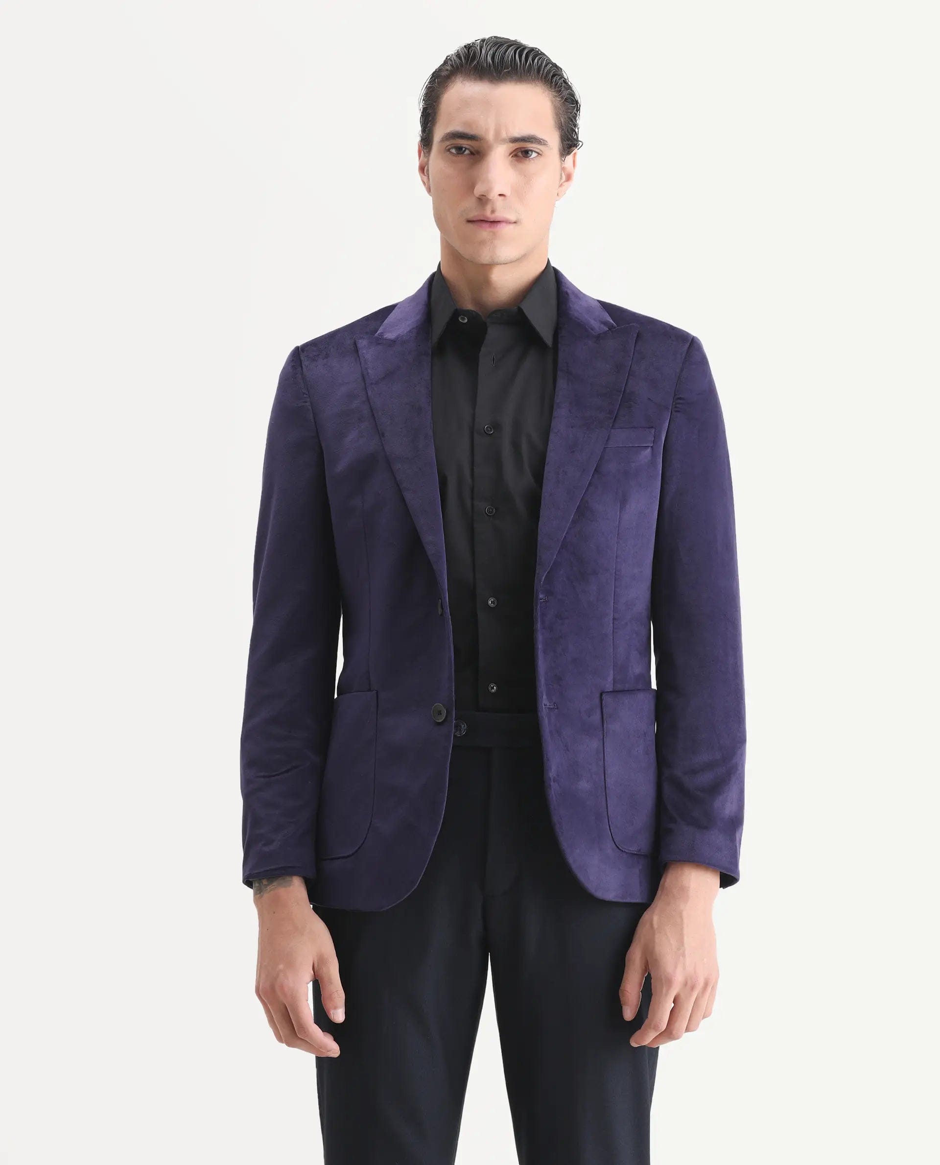 RARE Rabbit Men's Mazey Purple Polyester Blend Plain Tailored Fit Full Sleeve Lapel Neck Blazer