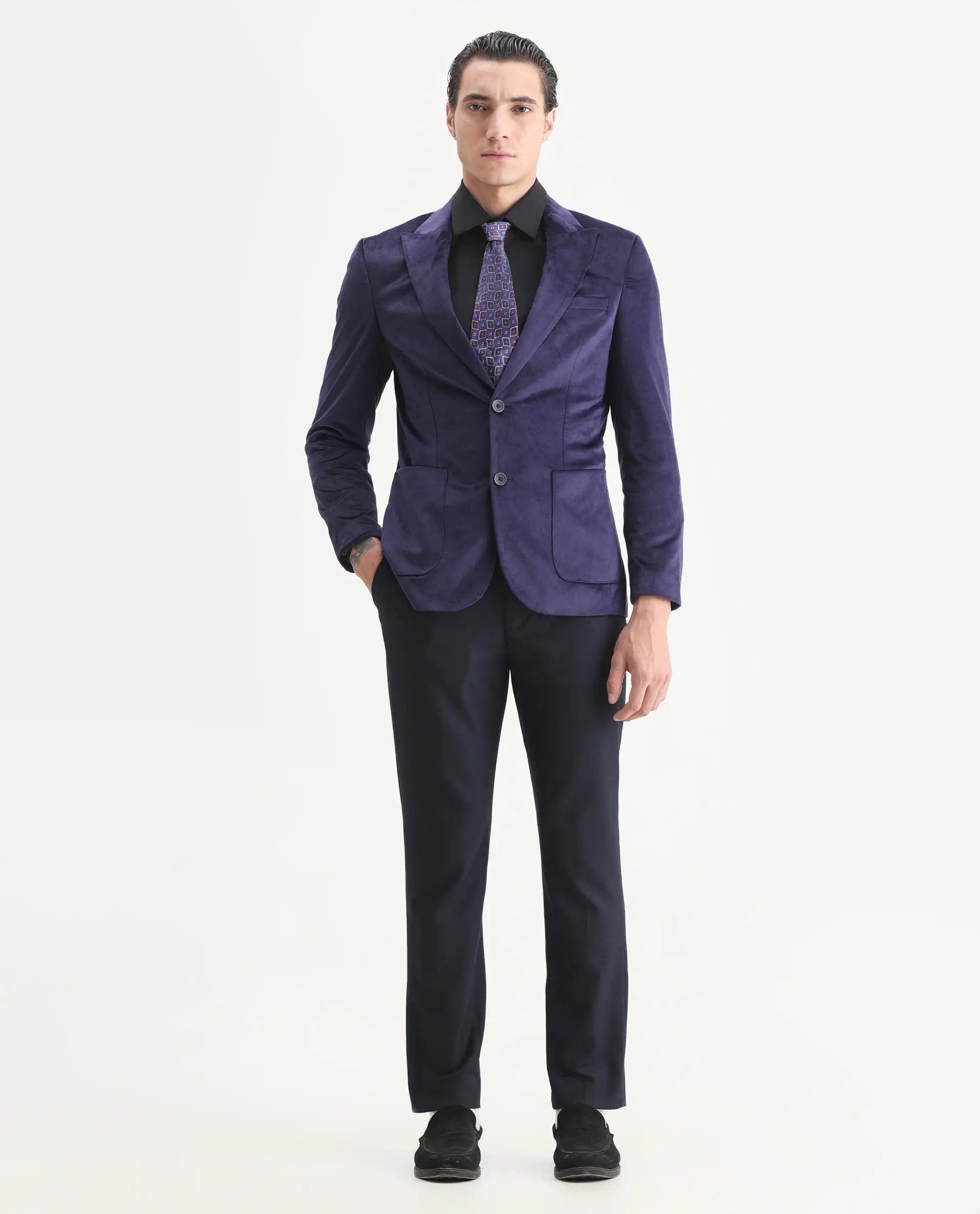 RARE Rabbit Men's Mazey Purple Polyester Blend Plain Tailored Fit Full Sleeve Lapel Neck Blazer