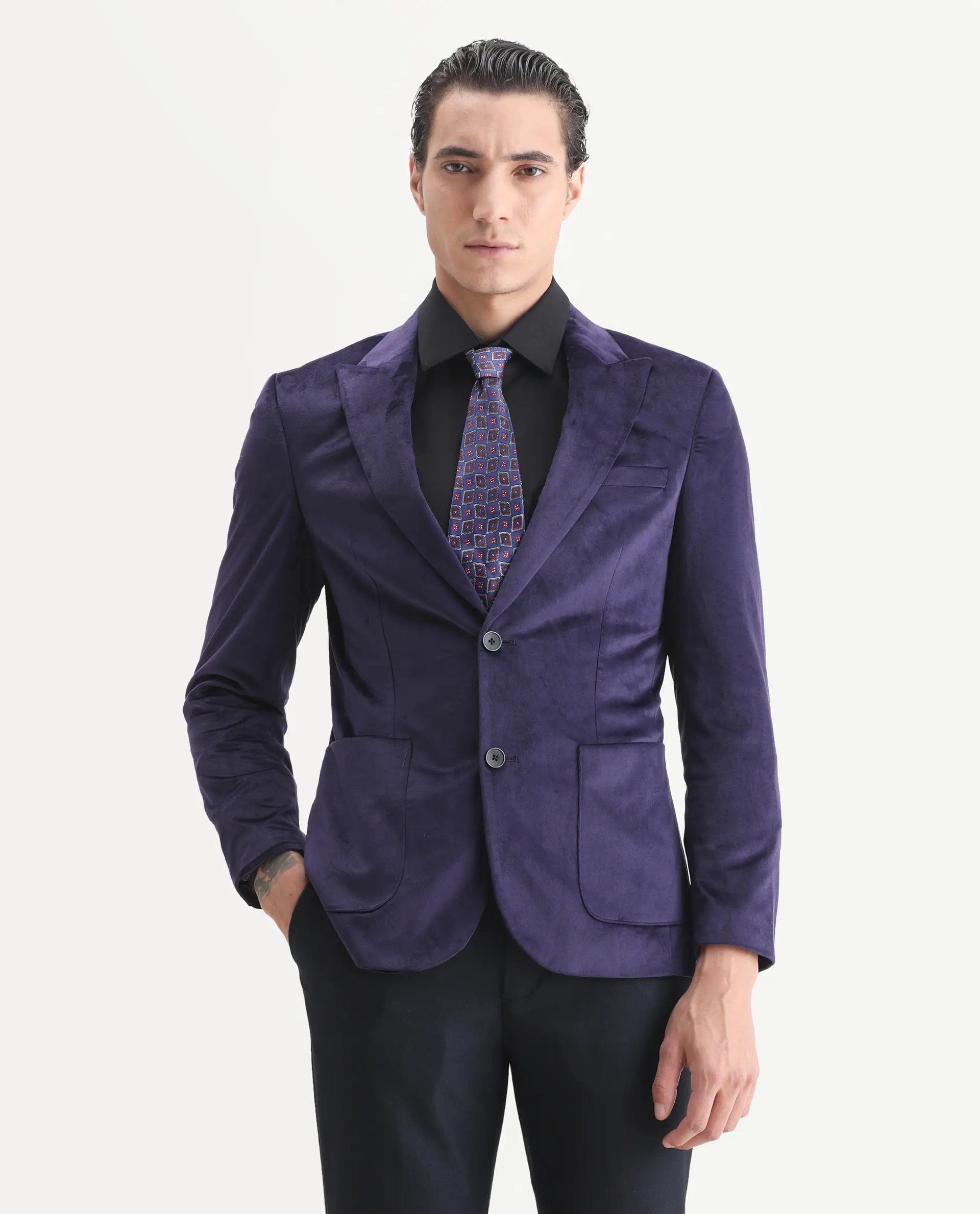 RARE Rabbit Men's Mazey Purple Polyester Blend Plain Tailored Fit Full Sleeve Lapel Neck Blazer