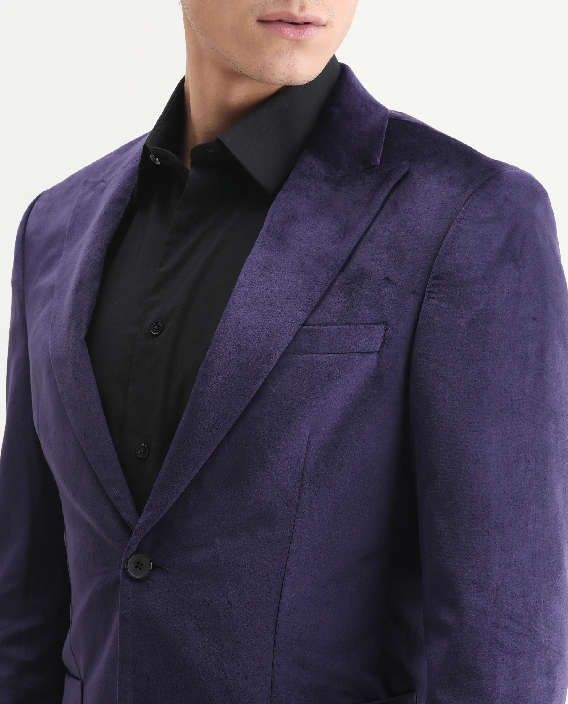 RARE Rabbit Men's Mazey Purple Polyester Blend Plain Tailored Fit Full Sleeve Lapel Neck Blazer