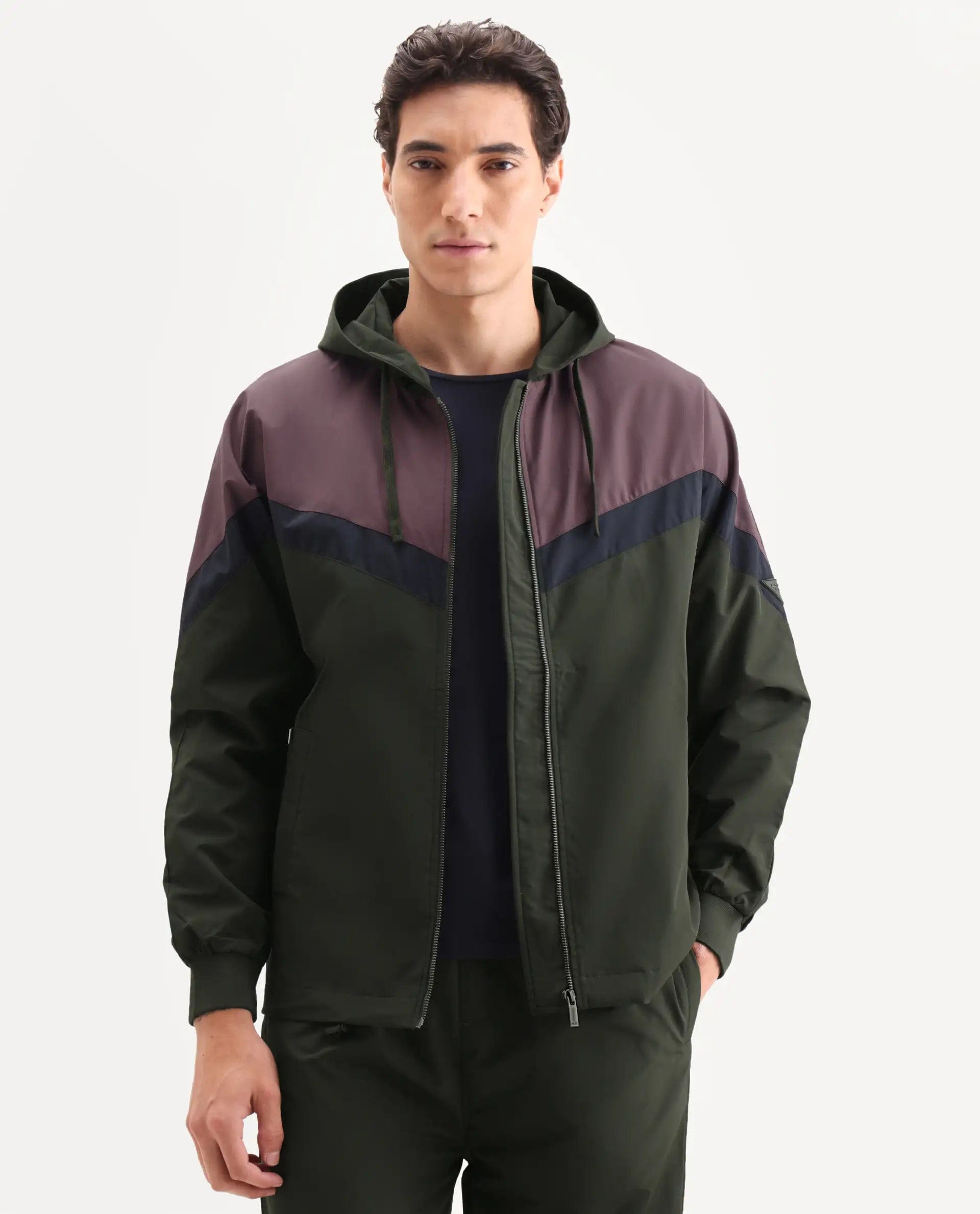 RARE Rabbit Men's Waber Olive Polyester Cut And Sew Regular Fit Full Sleeve Hooded Jacket