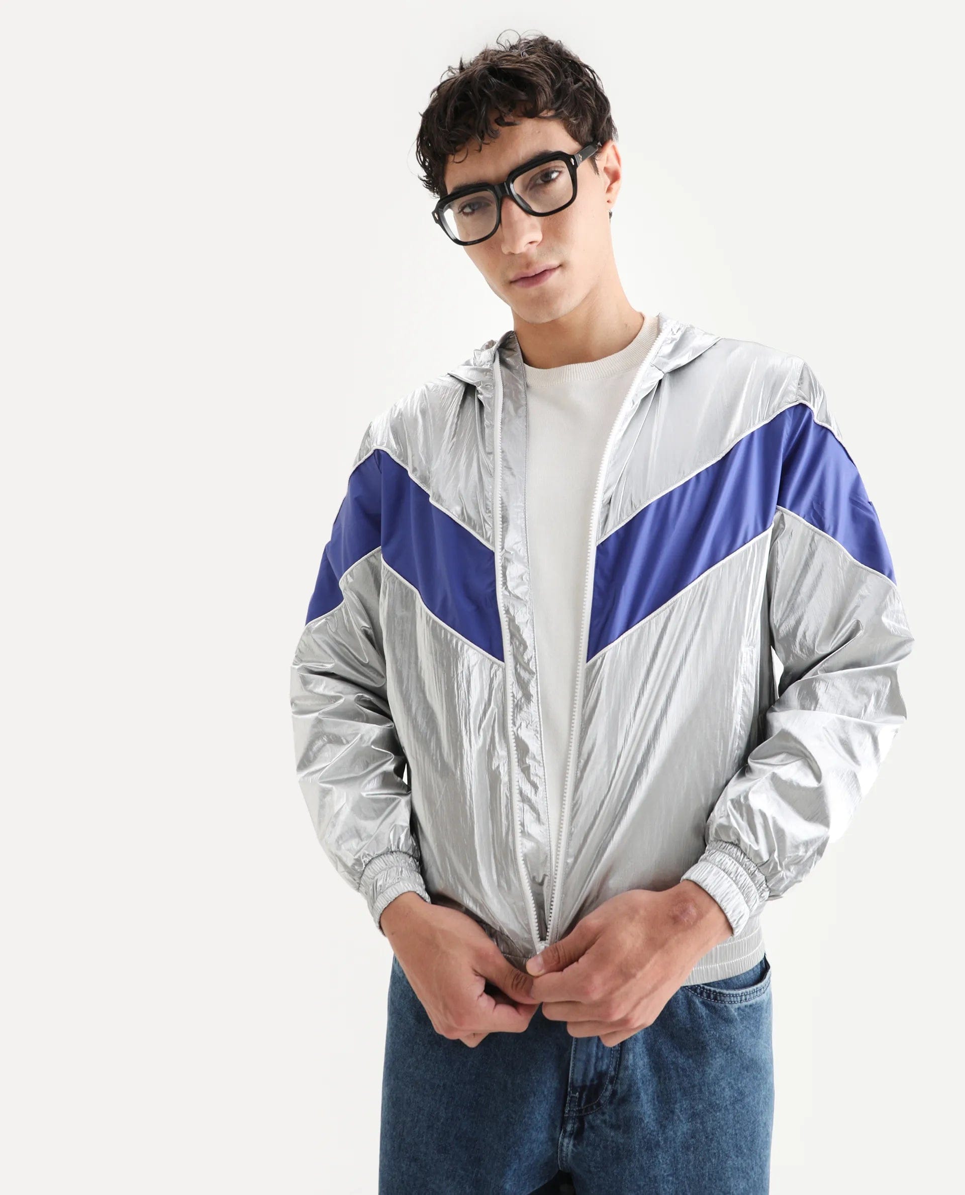 RARE Rabbit Men's Albi Silver Nylon Blend Metallic Regular Fit Full Sleeve Hooded Jacket