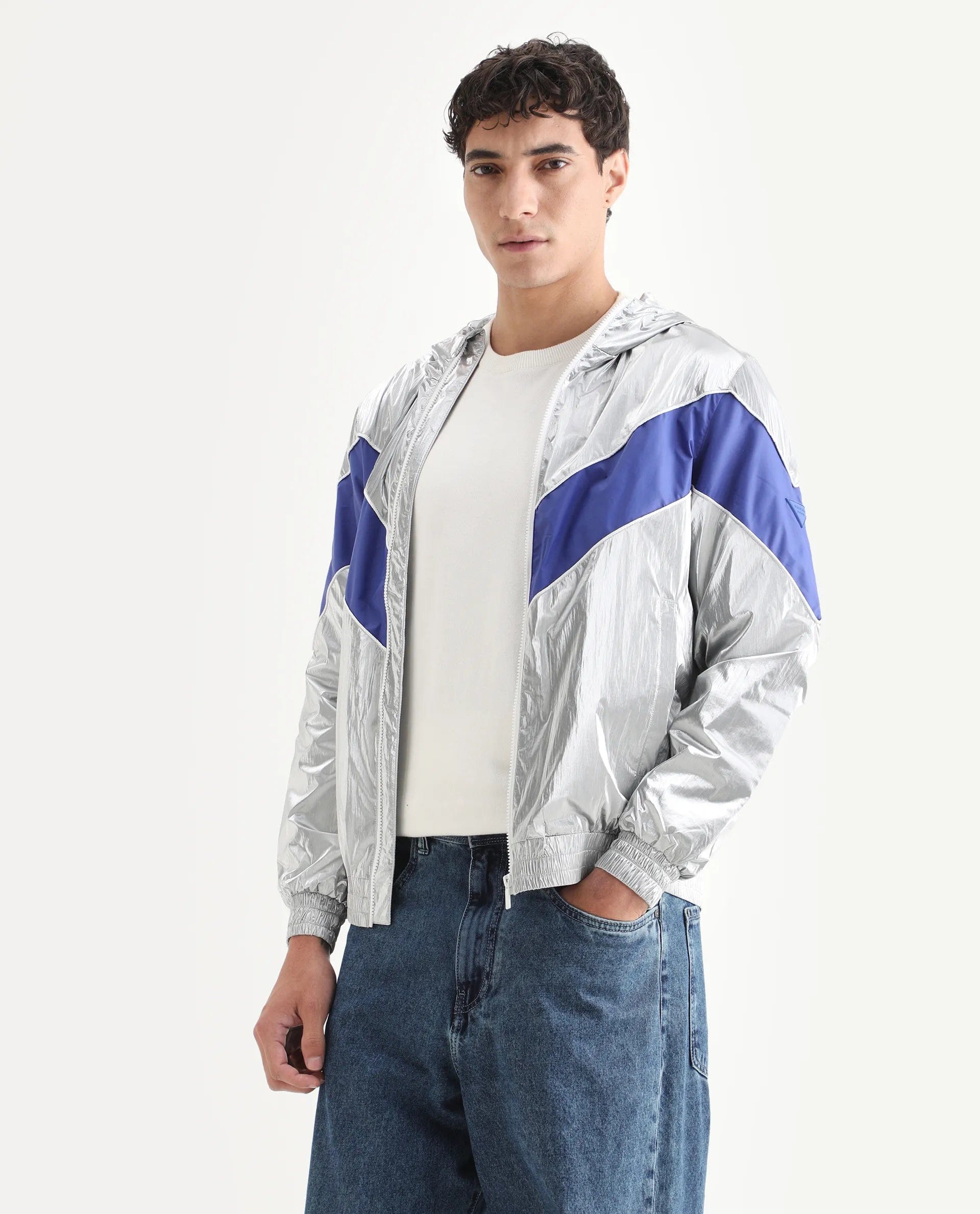 RARE Rabbit Men's Albi Silver Nylon Blend Metallic Regular Fit Full Sleeve Hooded Jacket