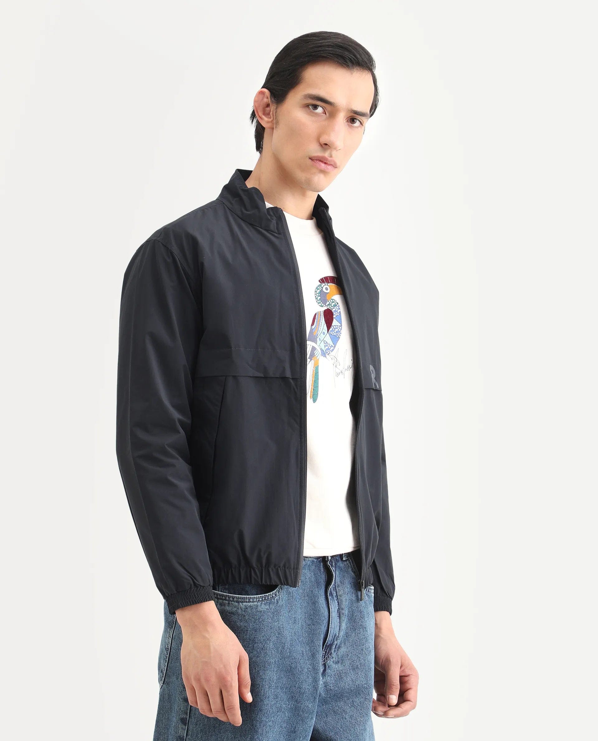 RARE Rabbit Men's Soweto Navy Polyester Typography Print Relaxed Fit Full Sleeve Spread Collar Jacket