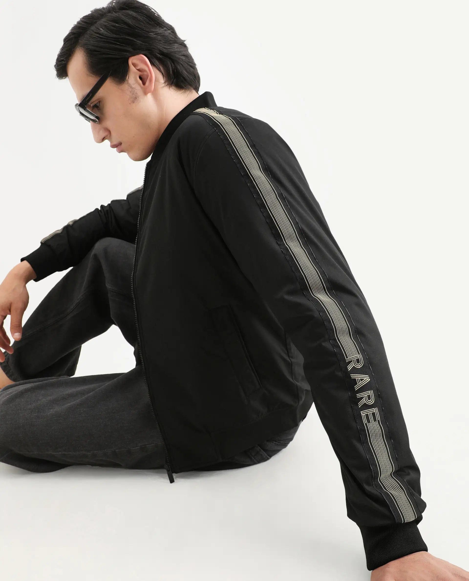 RARE Rabbit Men's Ghana Black Polyester Plain Regular Fit Full Sleeve Ribbed Collar Jacket