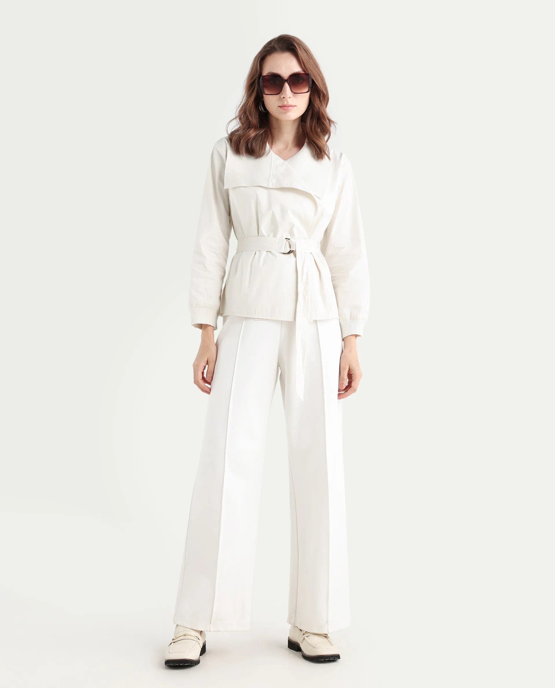 Rareism Women's Tokat Light Beige Cotton Ribbed Collar Plain Ribbed Sleeve Boxy Fit Jacket