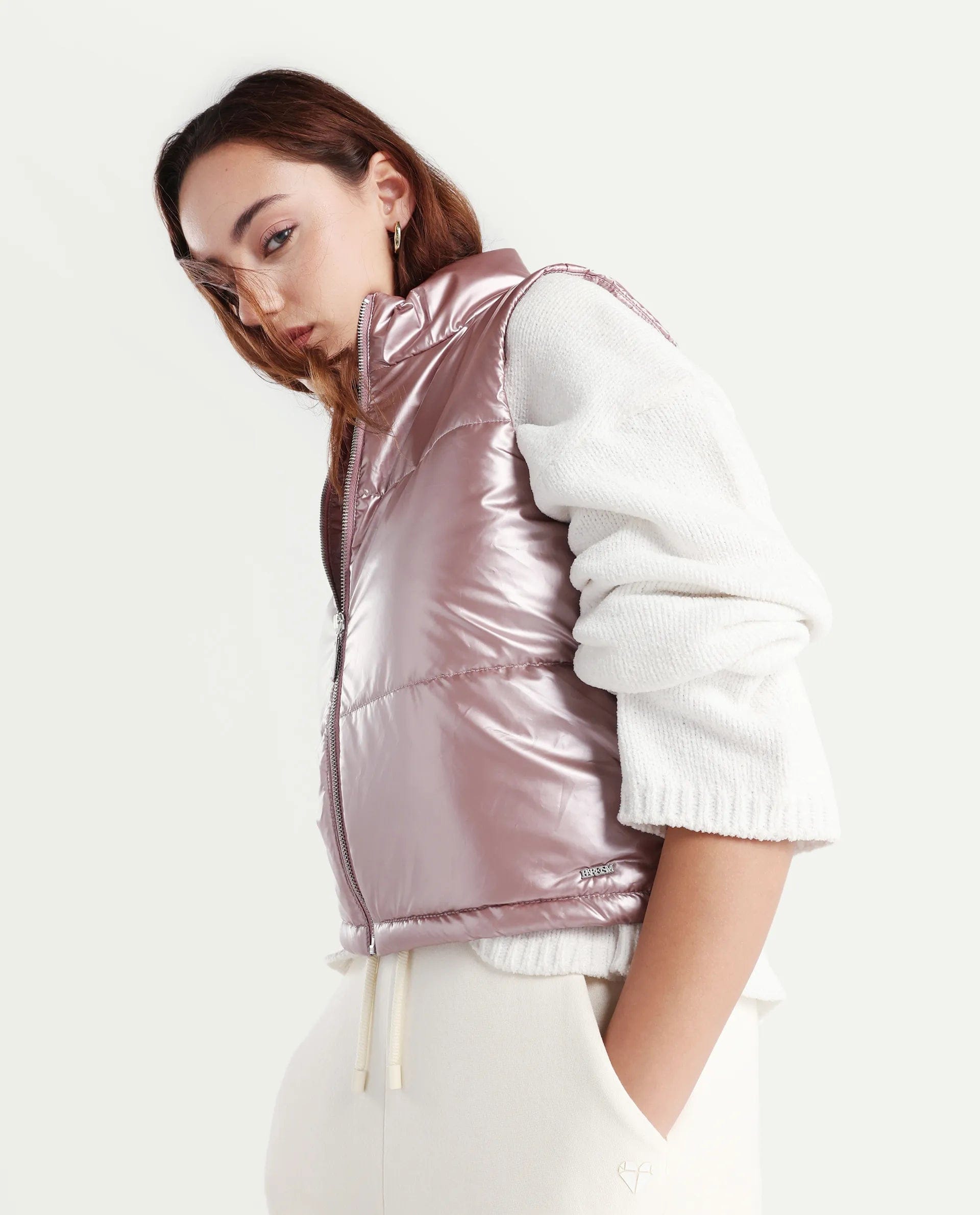 Rareism Women's Mindy Pink Polyester High Neck Plain Sleeveless Regular Fit Jacket
