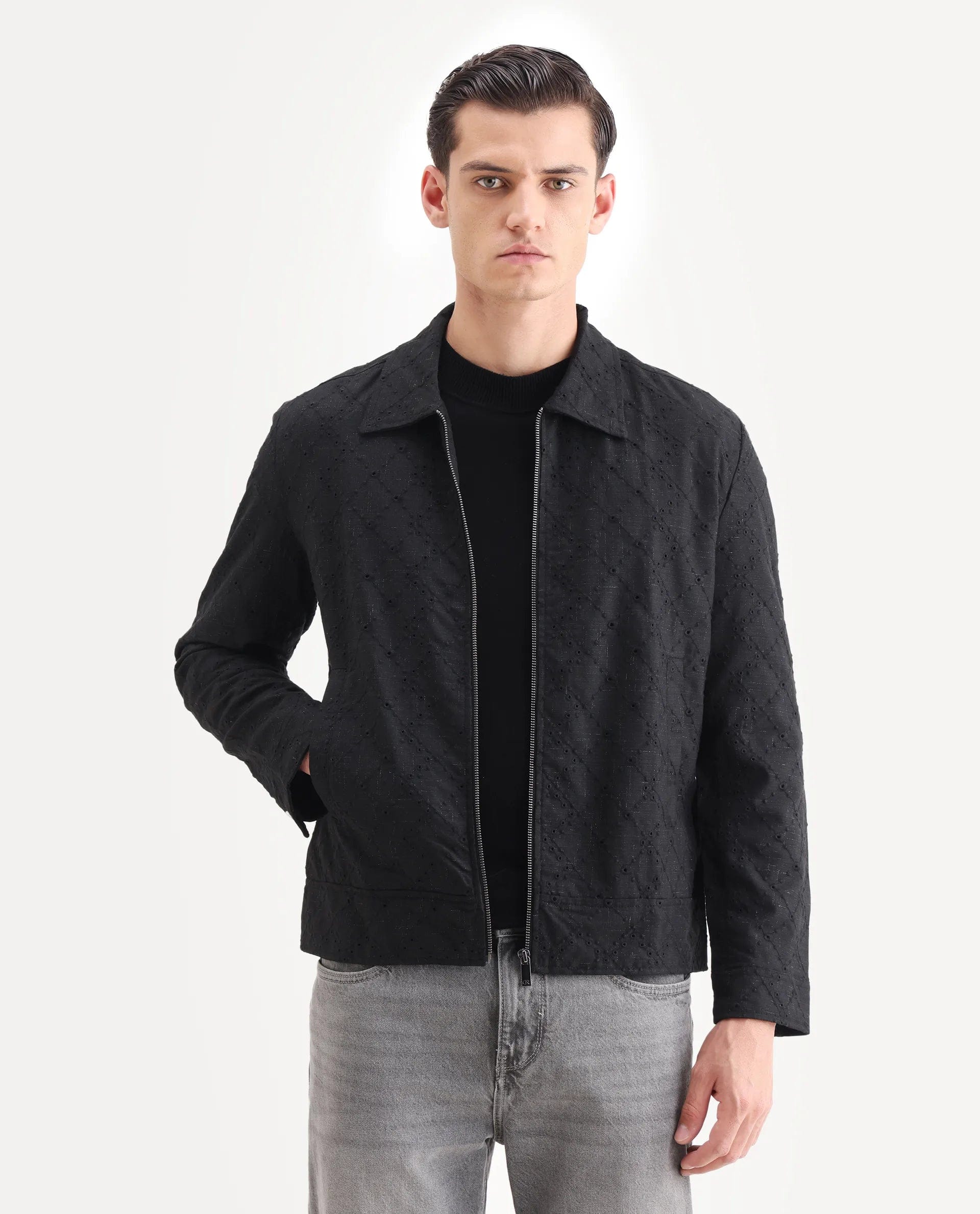 RARE Rabbit Men's Canyo Black Polyester Embroidered Relaxed Fit Full Sleeve Spread Collar Jacket