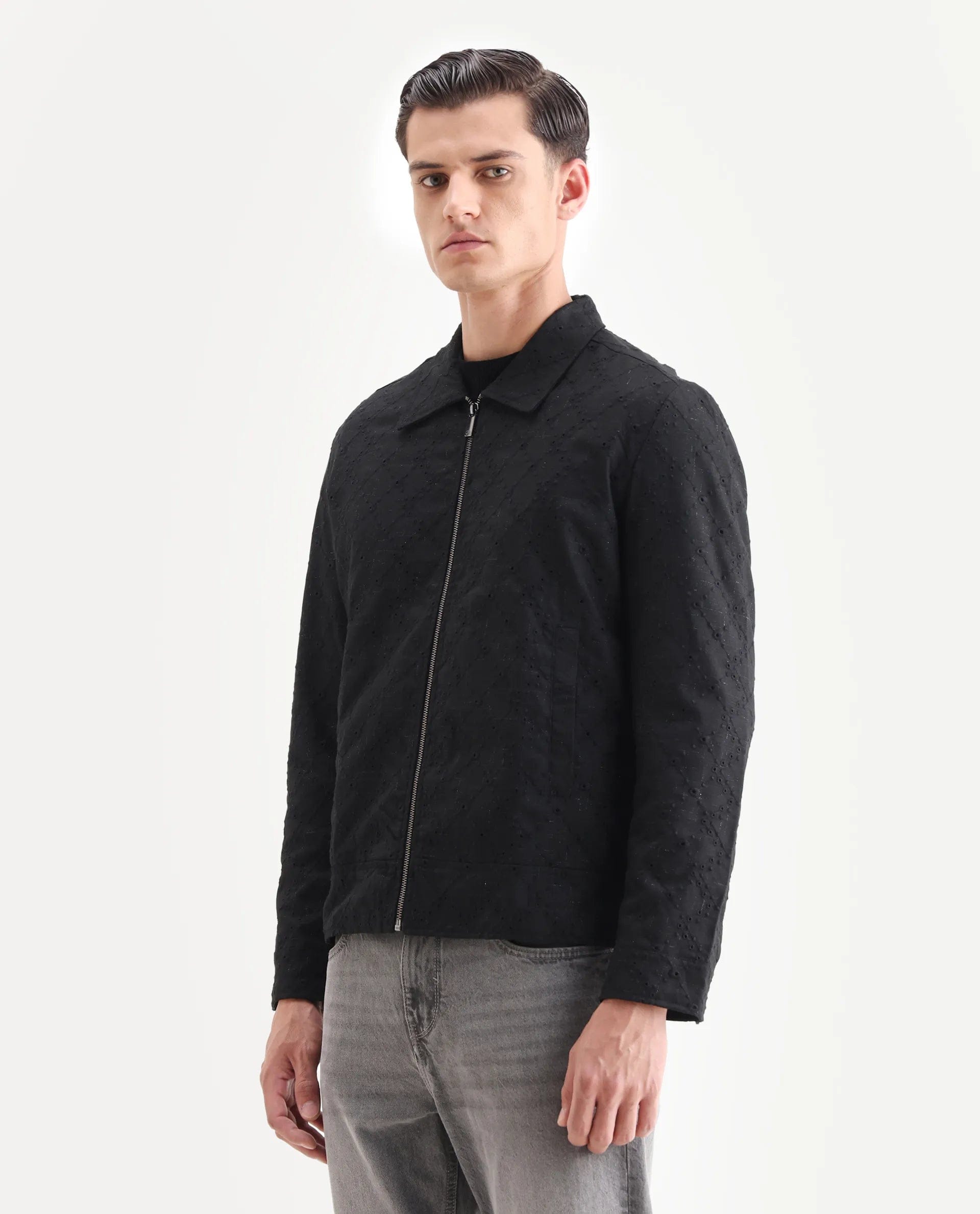 RARE Rabbit Men's Canyo Black Polyester Embroidered Relaxed Fit Full Sleeve Spread Collar Jacket