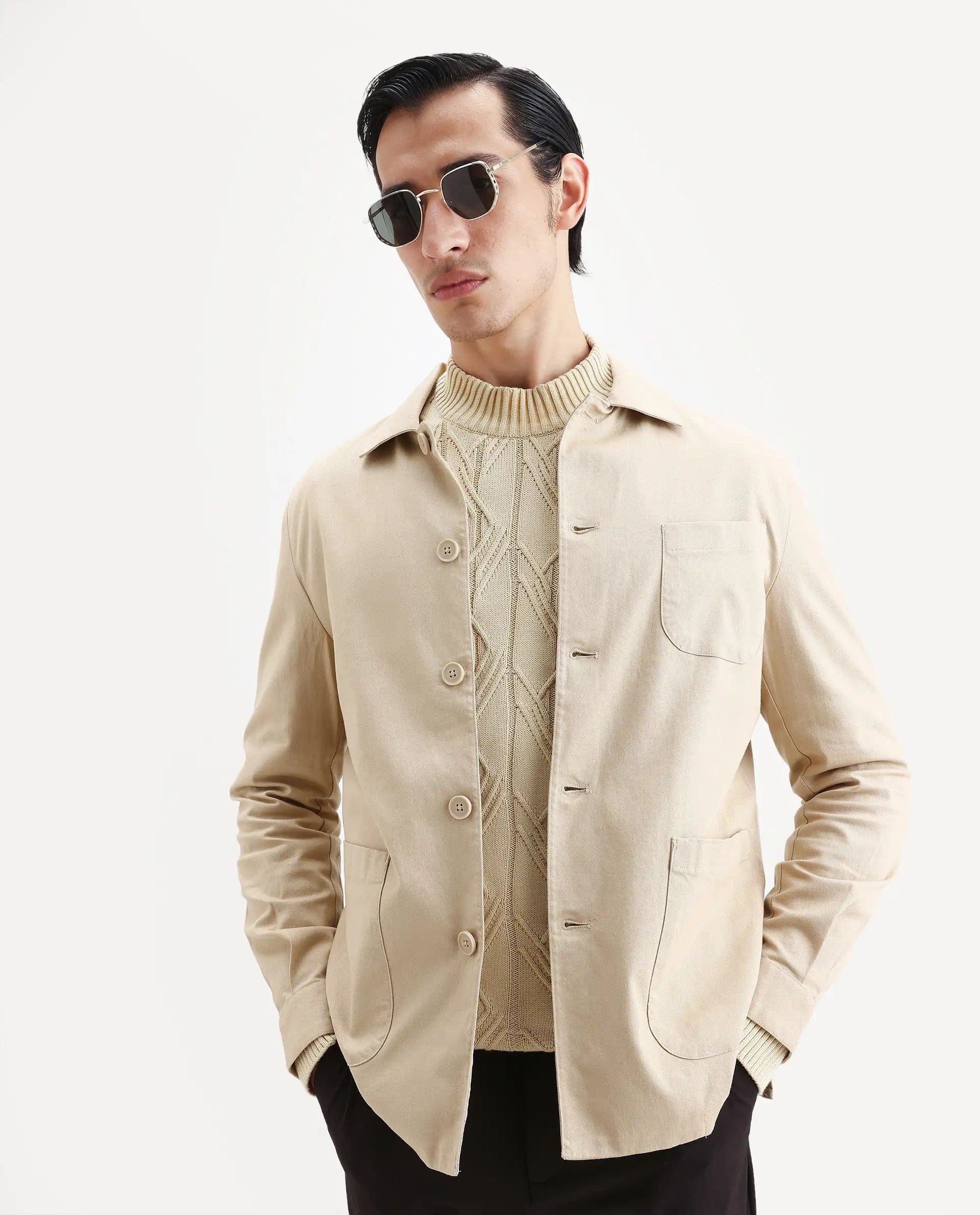 RARE Rabbit Men's Torroy Beige Cotton Blend Plain Regular Fit Full Sleeve Spread Collar Jacket