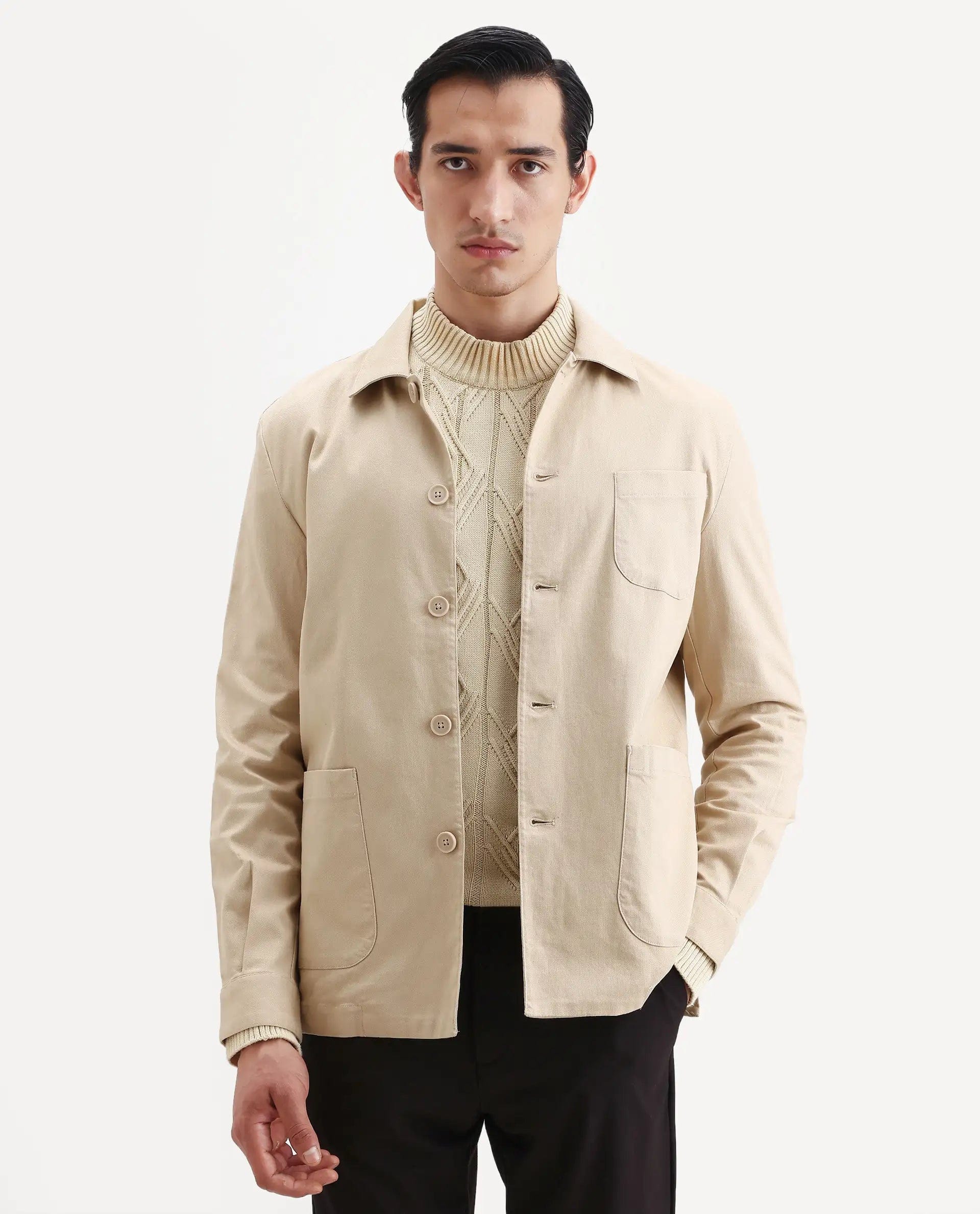 RARE Rabbit Men's Torroy Beige Cotton Blend Plain Regular Fit Full Sleeve Spread Collar Jacket