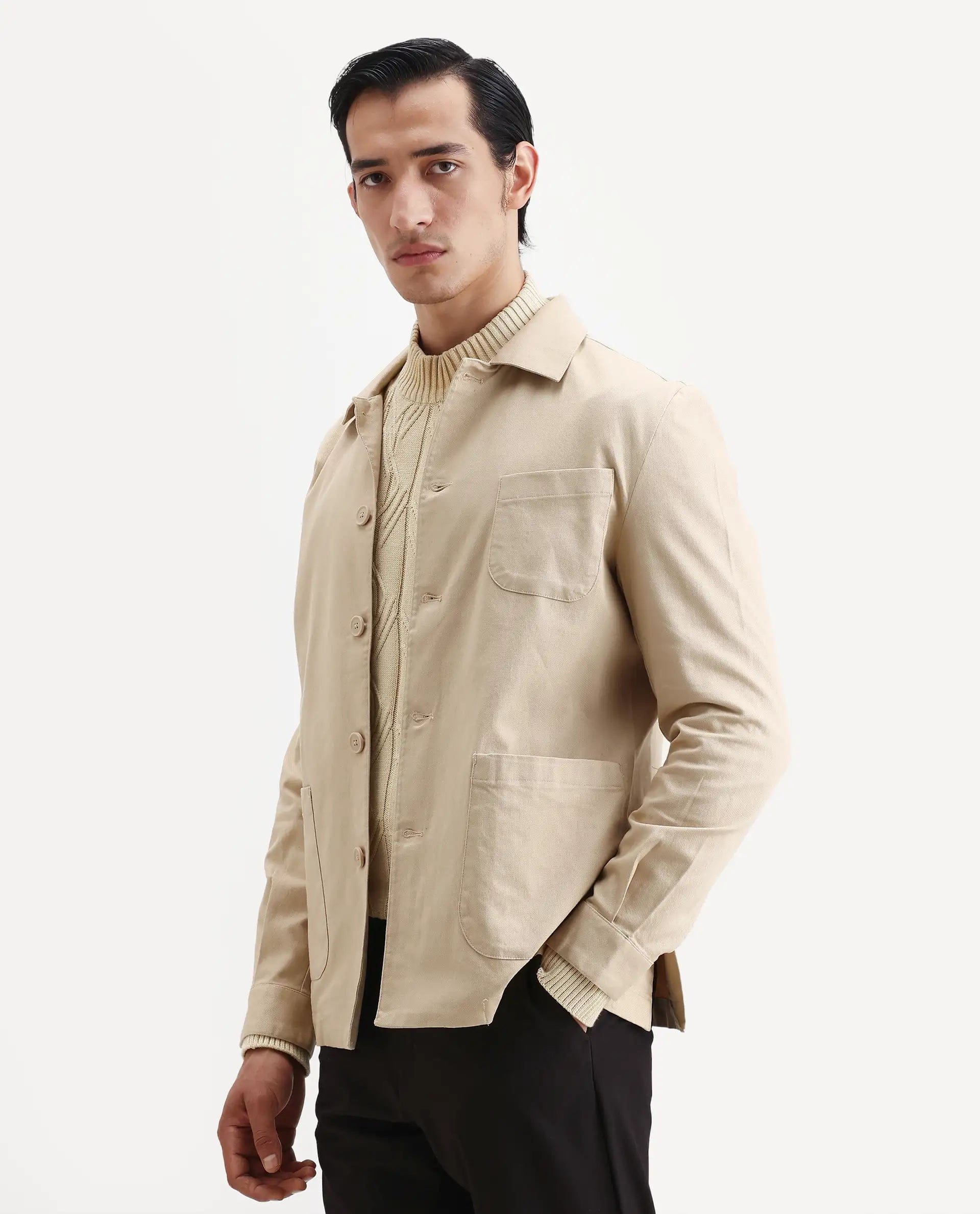 RARE Rabbit Men's Torroy Beige Cotton Blend Plain Regular Fit Full Sleeve Spread Collar Jacket