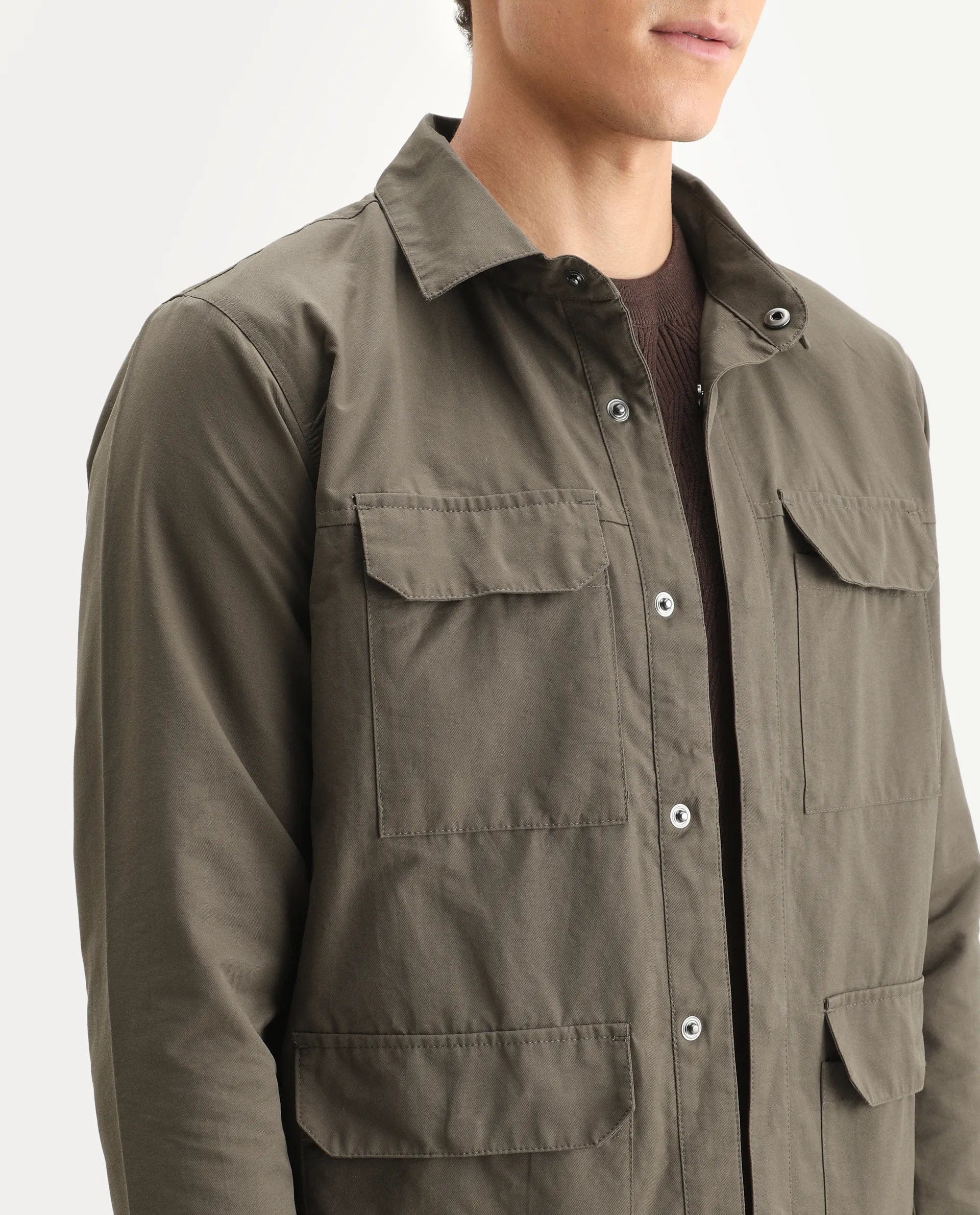 RARE Rabbit Men's Feliu Dark Olive Cotton Plain Regular Fit Full Sleeve Spread Collar Jacket