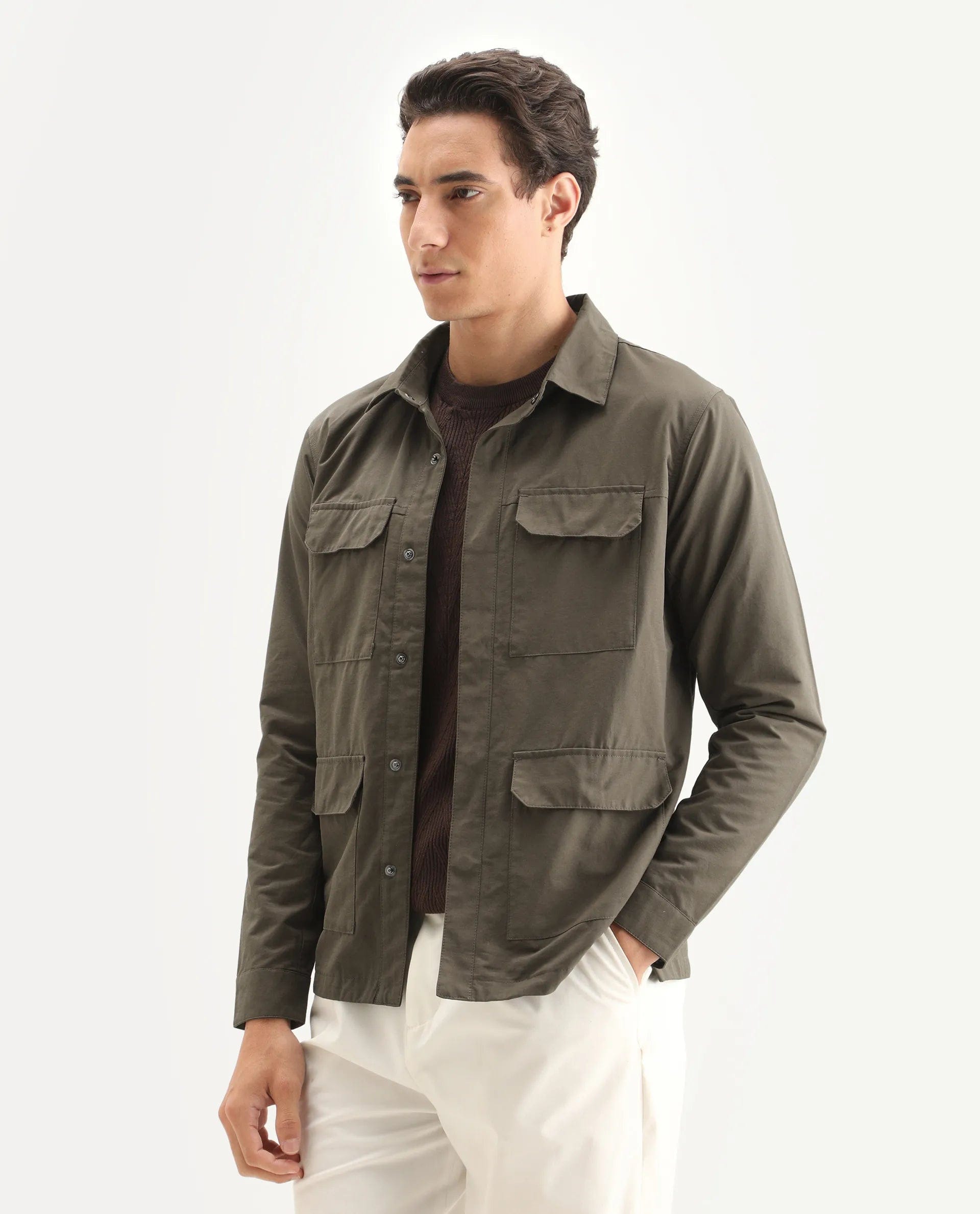 RARE Rabbit Men's Feliu Dark Olive Cotton Plain Regular Fit Full Sleeve Spread Collar Jacket