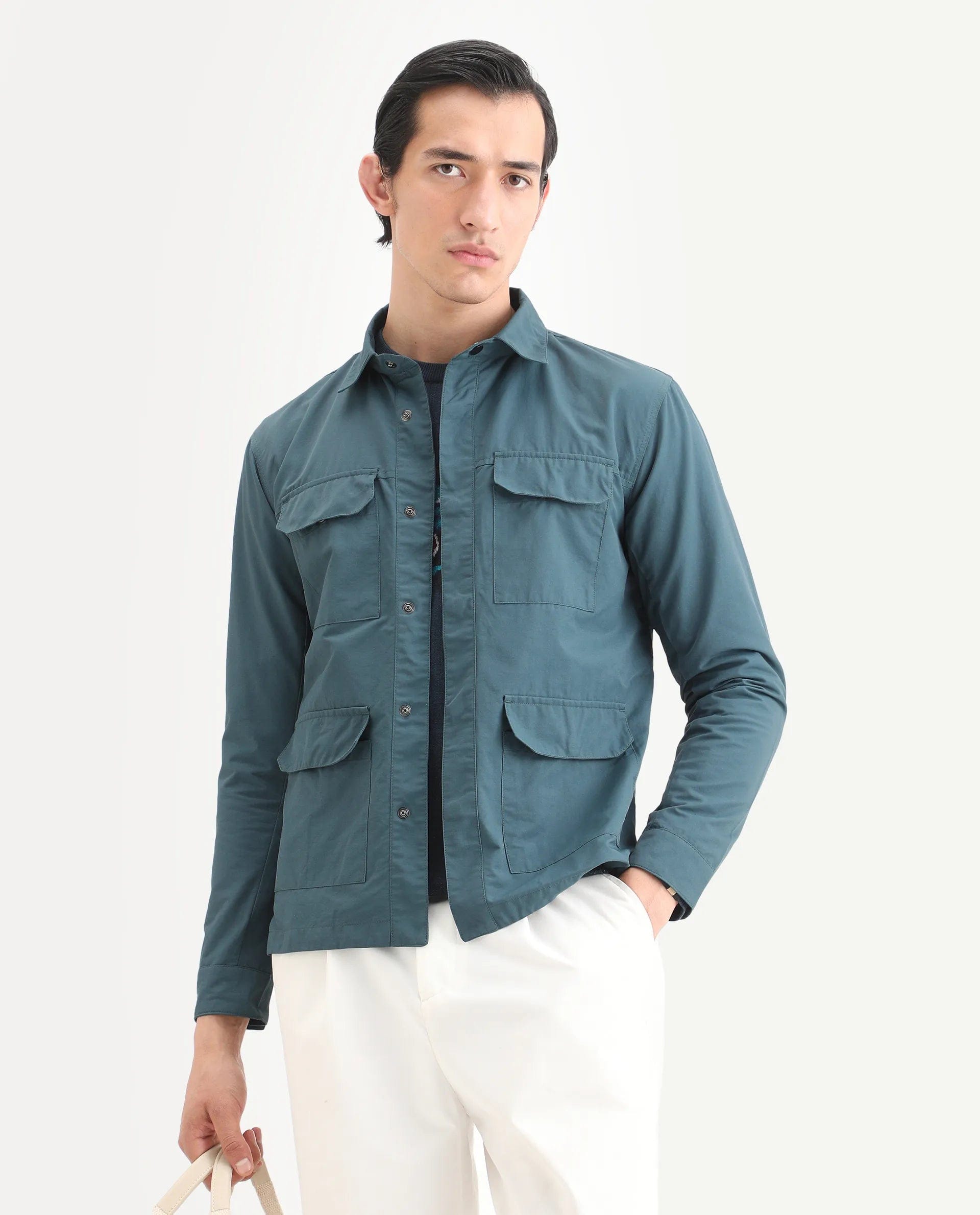 RARE Rabbit Men's Feliu Teal Cotton Plain Regular Fit Full Sleeve Spread Collar Jacket