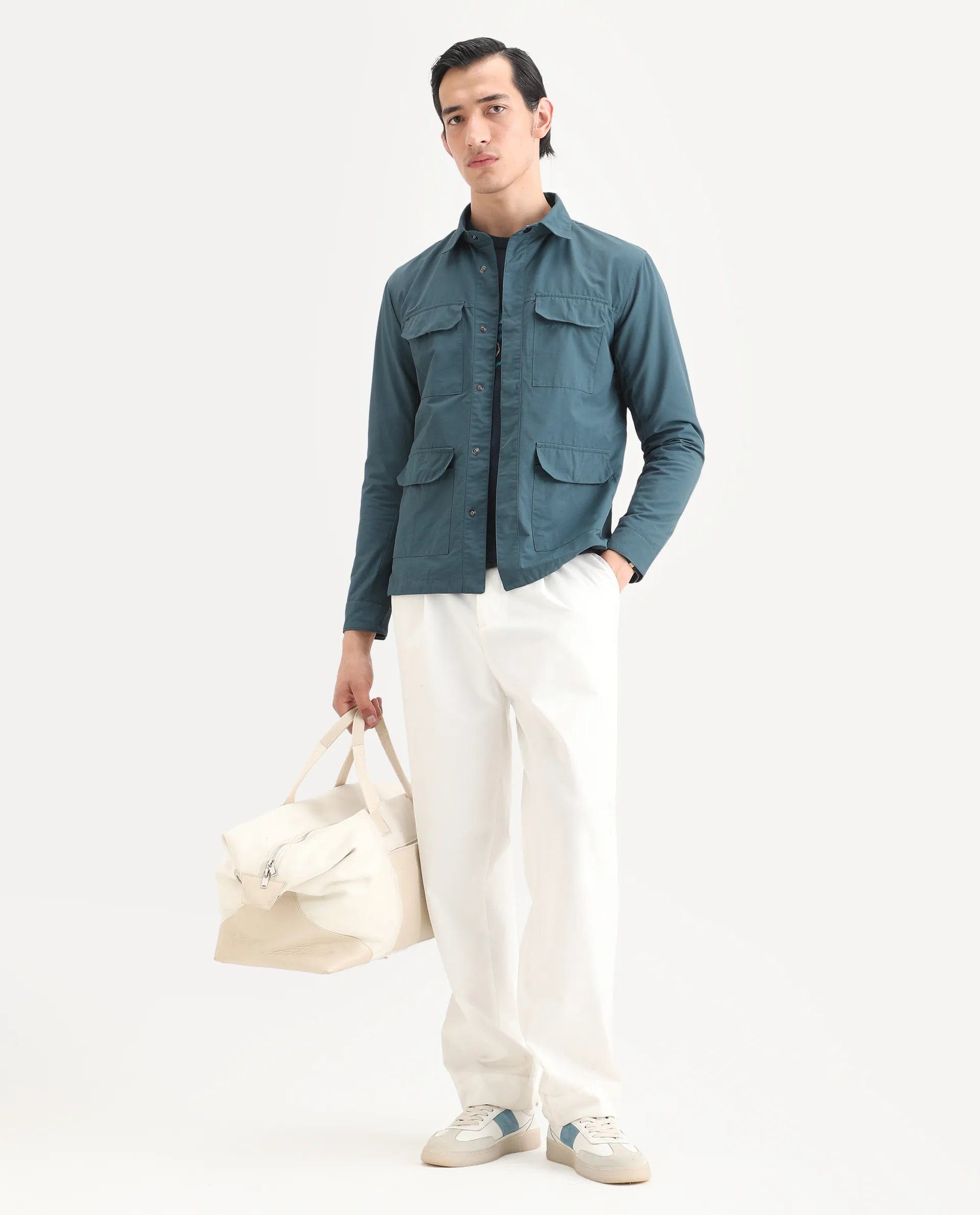 RARE Rabbit Men's Feliu Teal Cotton Plain Regular Fit Full Sleeve Spread Collar Jacket