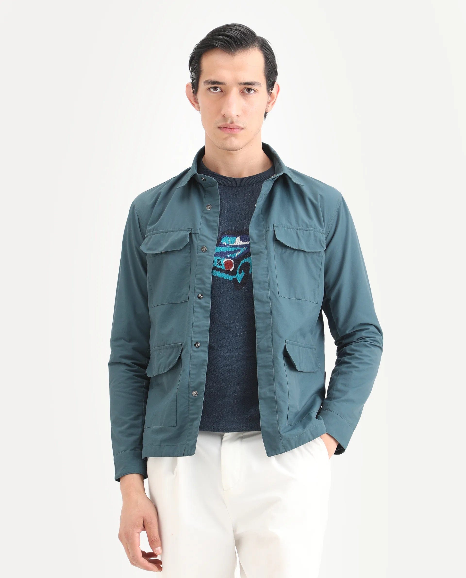 RARE Rabbit Men's Feliu Teal Cotton Plain Regular Fit Full Sleeve Spread Collar Jacket