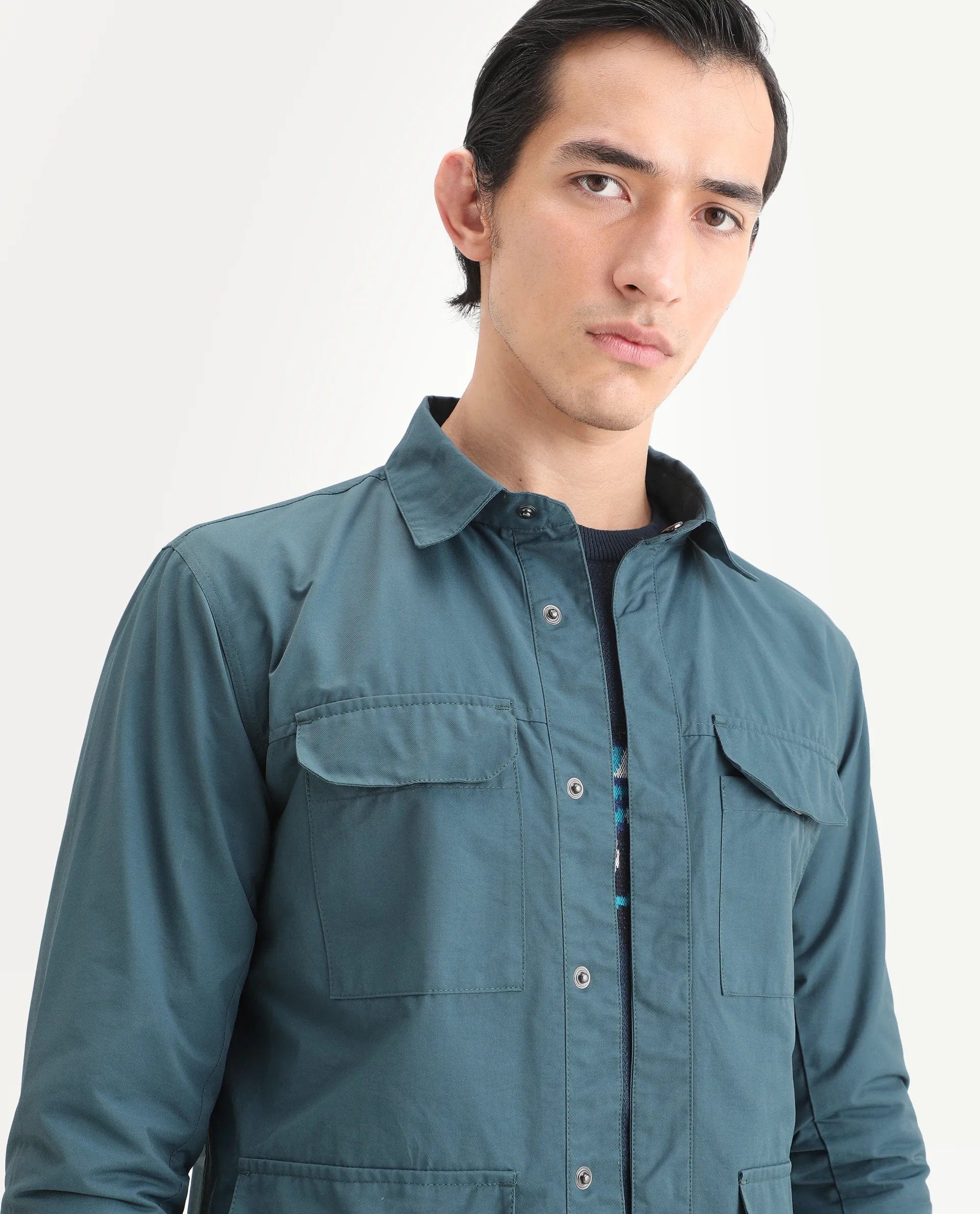 RARE Rabbit Men's Feliu Teal Cotton Plain Regular Fit Full Sleeve Spread Collar Jacket