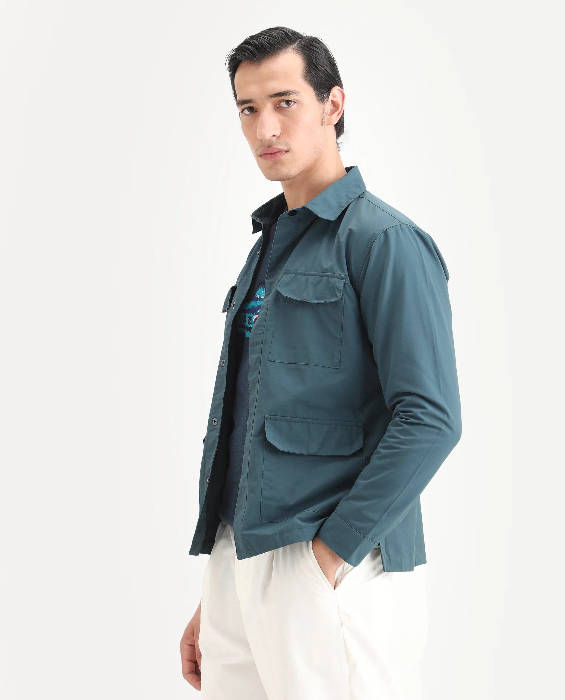 RARE Rabbit Men's Feliu Teal Cotton Plain Regular Fit Full Sleeve Spread Collar Jacket