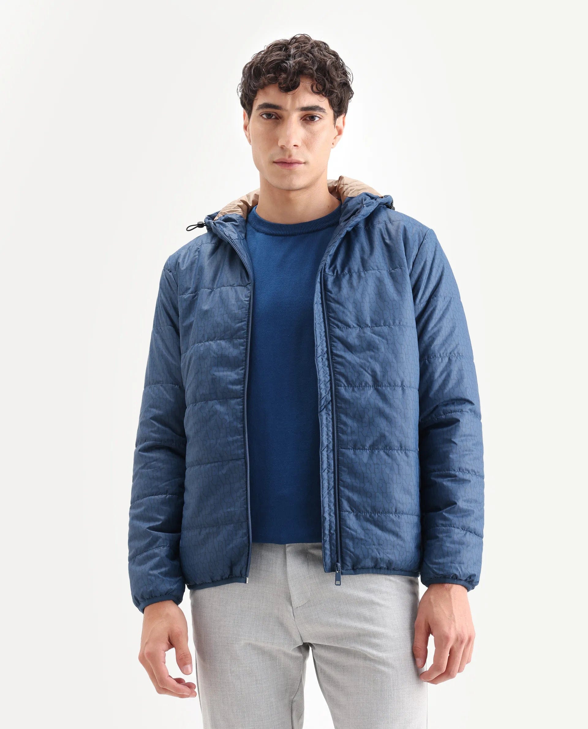 RARE Rabbit Men's Vasto Petrol Polyester Monogram Print Regular Fit Full Sleeve Hooded Jacket