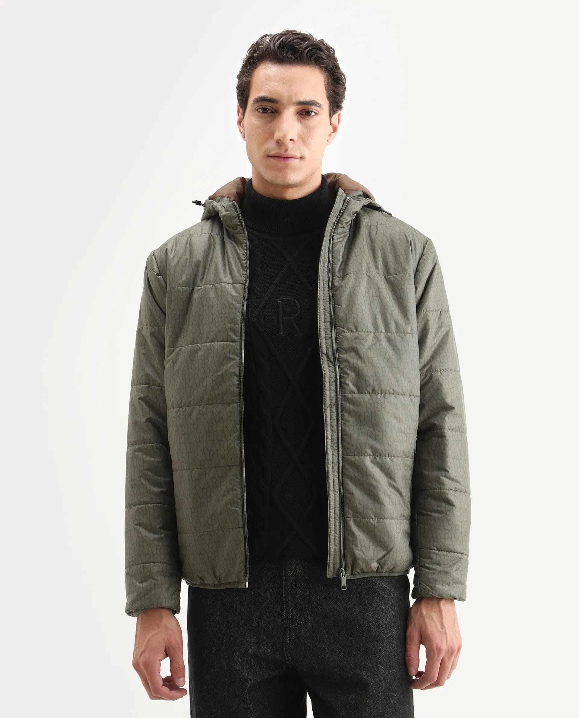 RARE Rabbit Men's Vasto Olive Polyester Monogram Print Regular Fit Full Sleeve Hooded Jacket