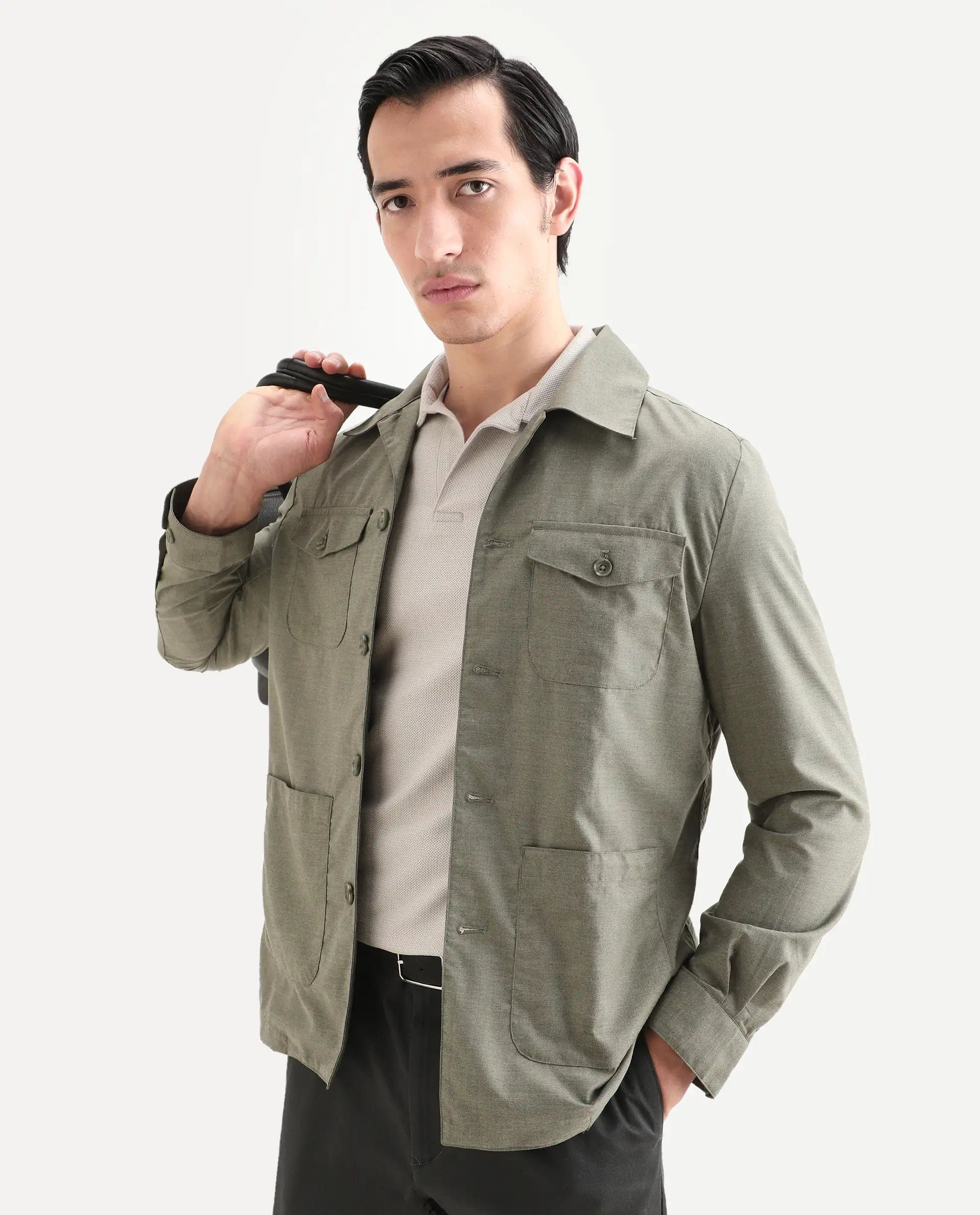 RARE Rabbit Men's Echos Light Olive Cotton Plain Relaxed Fit Full Sleeve Lapel Neck Jacket
