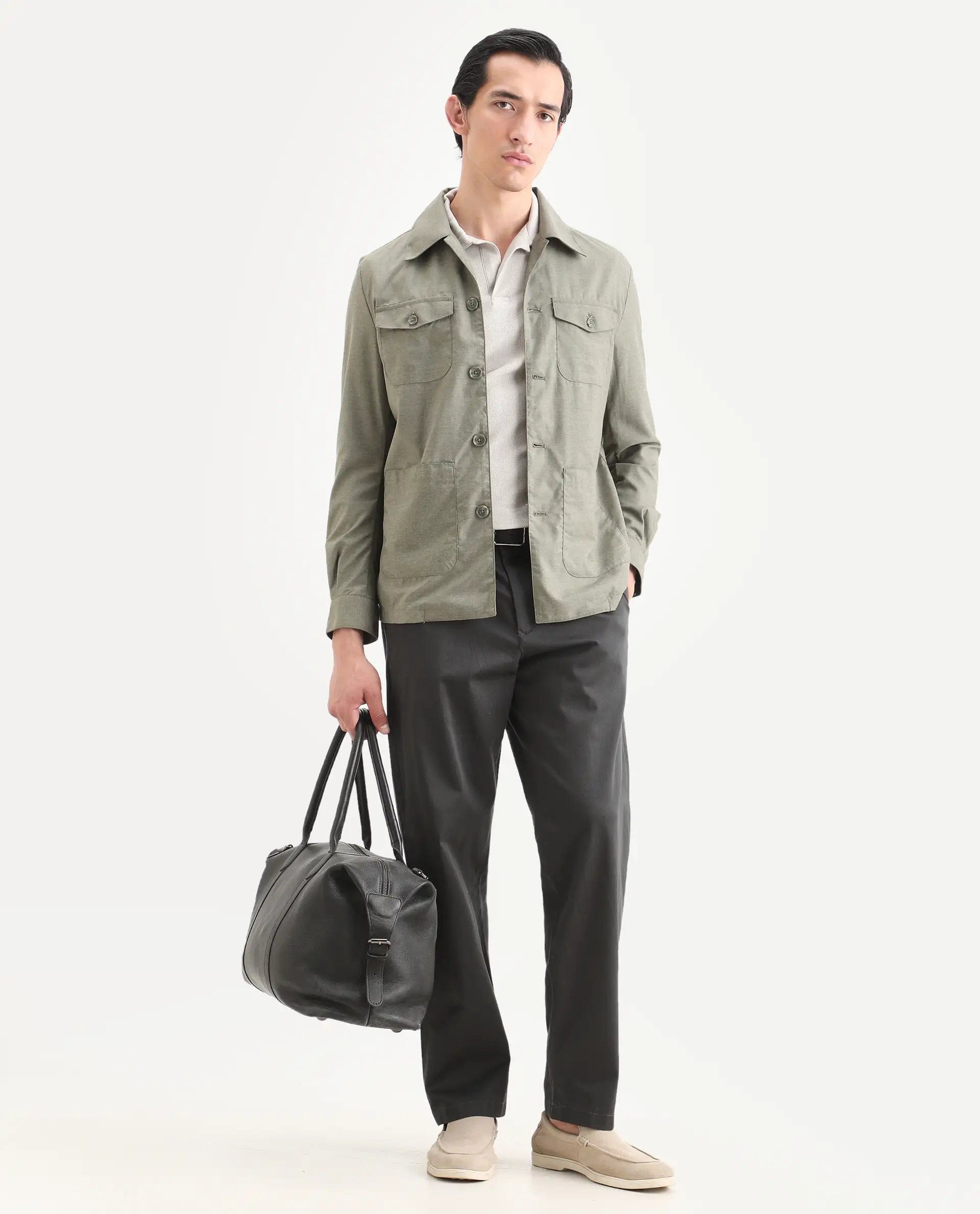 RARE Rabbit Men's Echos Light Olive Cotton Plain Relaxed Fit Full Sleeve Lapel Neck Jacket