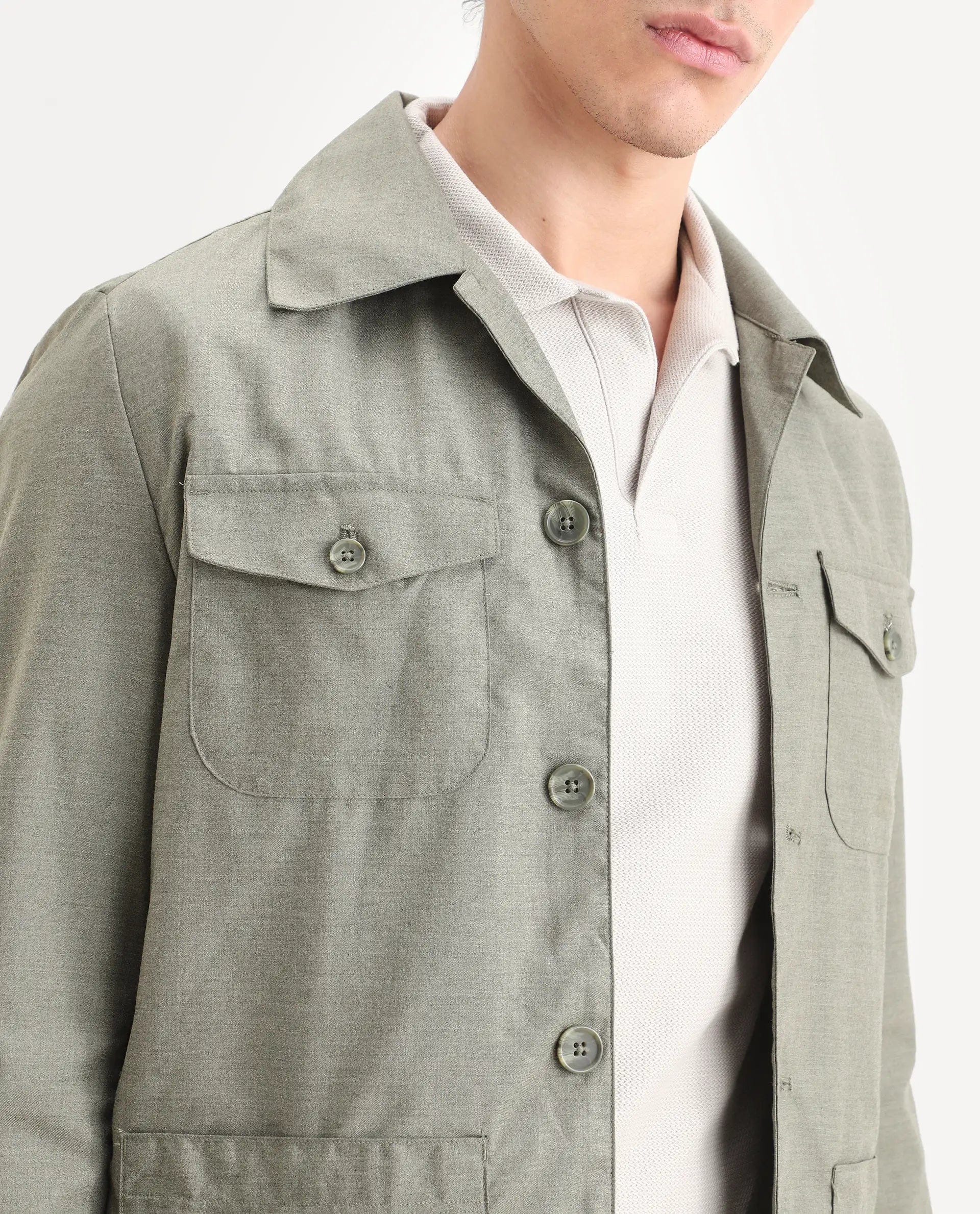 RARE Rabbit Men's Echos Light Olive Cotton Plain Relaxed Fit Full Sleeve Lapel Neck Jacket