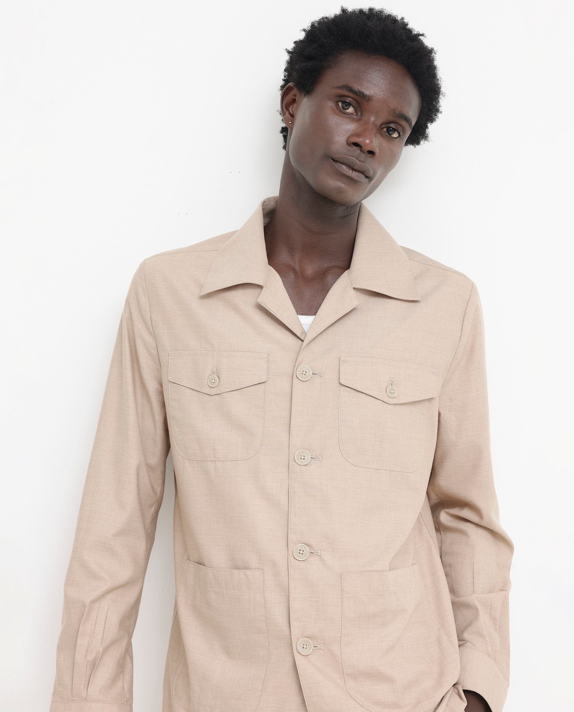 RARE Rabbit Men's Echos Beige Cotton Plain Relaxed Fit Full Sleeve Lapel Neck Jacket