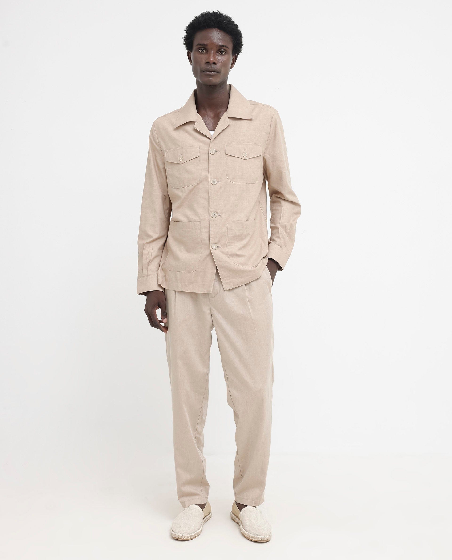 RARE Rabbit Men's Echos Beige Cotton Plain Relaxed Fit Full Sleeve Lapel Neck Jacket