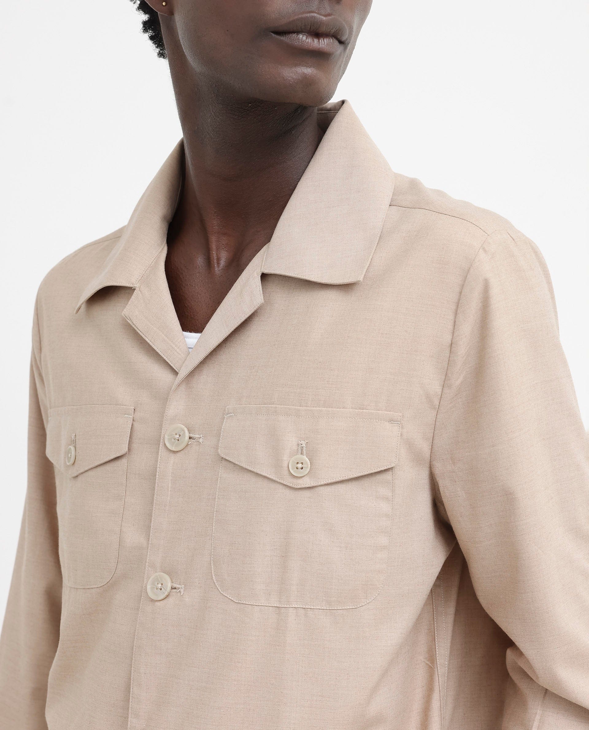 RARE Rabbit Men's Echos Beige Cotton Plain Relaxed Fit Full Sleeve Lapel Neck Jacket