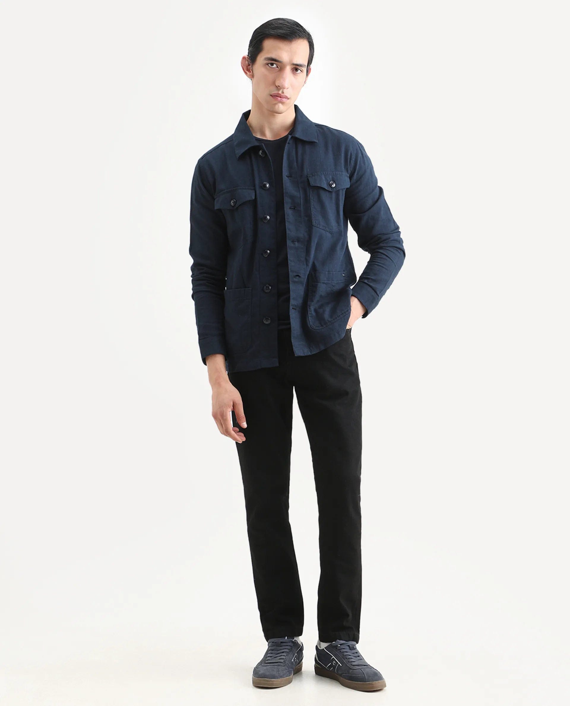 RARE Rabbit Men's Gatter Navy Linen Blend Plain Relaxed Fit Full Sleeve Spread Collar Jacket