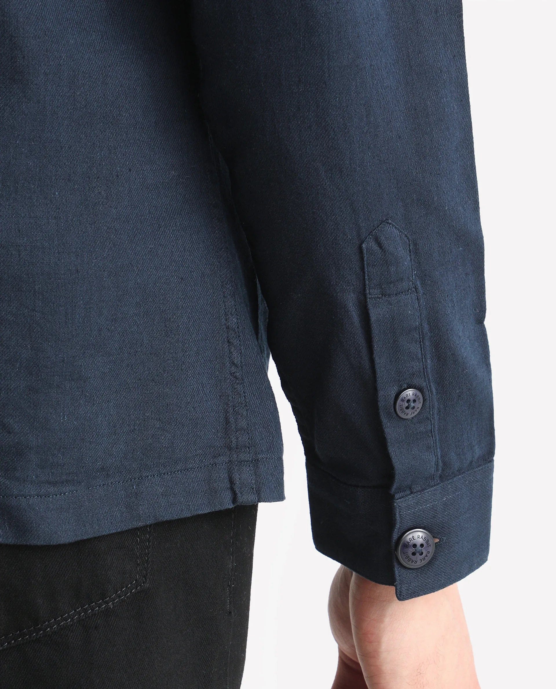 RARE Rabbit Men's Gatter Navy Linen Blend Plain Relaxed Fit Full Sleeve Spread Collar Jacket