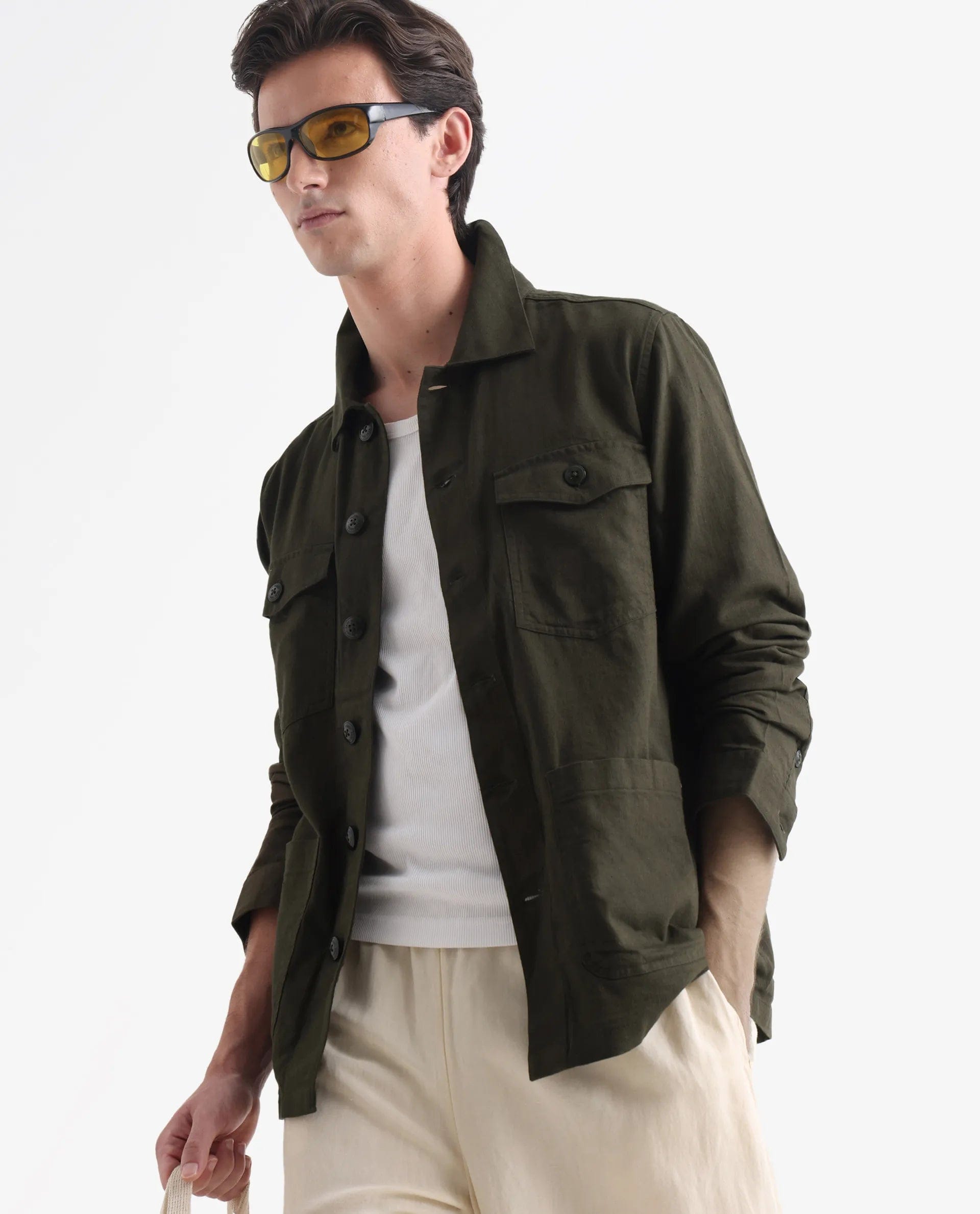 RARE Rabbit Men's Gatter Olive Linen Blend Plain Relaxed Fit Full Sleeve Spread Collar Jacket