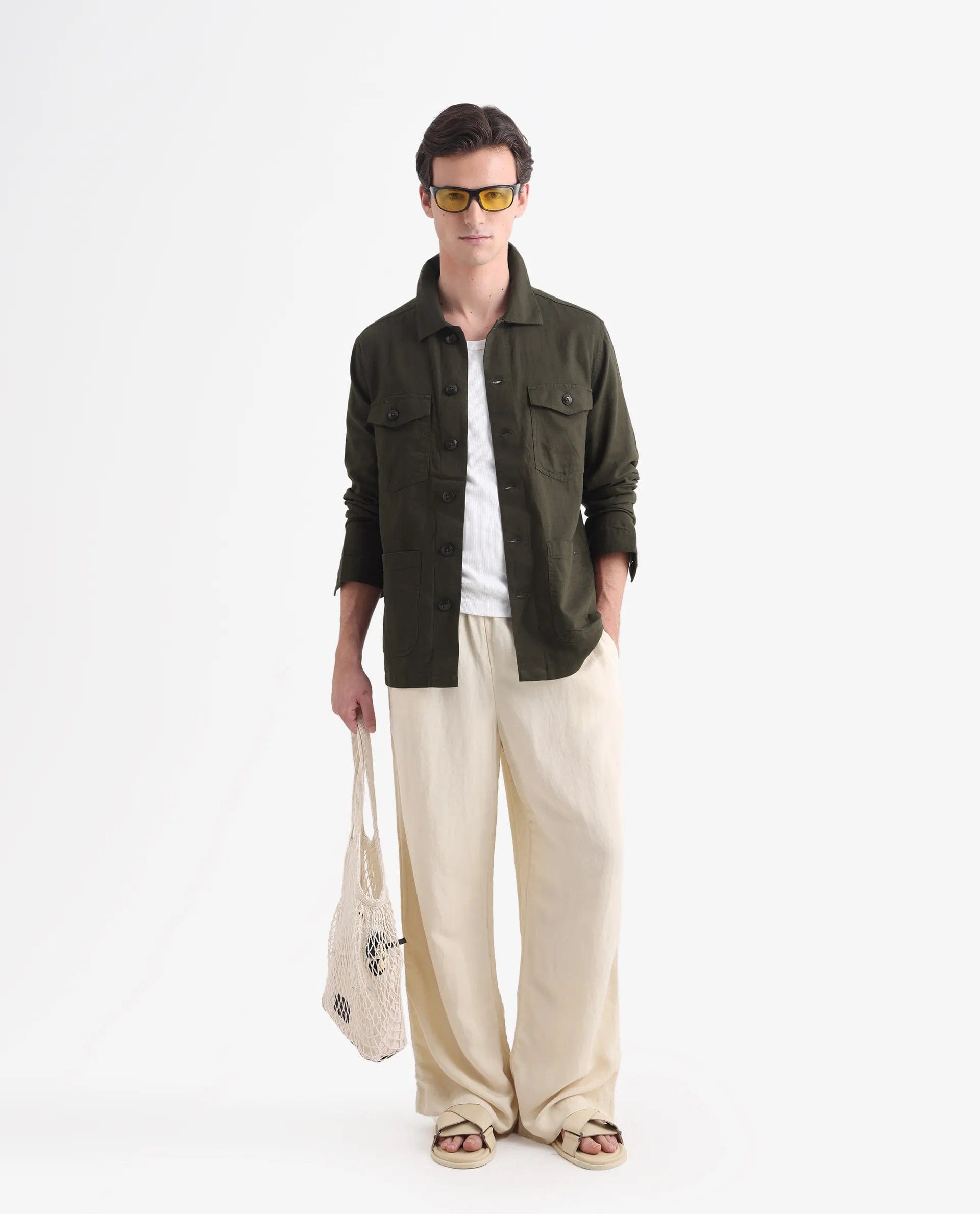 RARE Rabbit Men's Gatter Olive Linen Blend Plain Relaxed Fit Full Sleeve Spread Collar Jacket