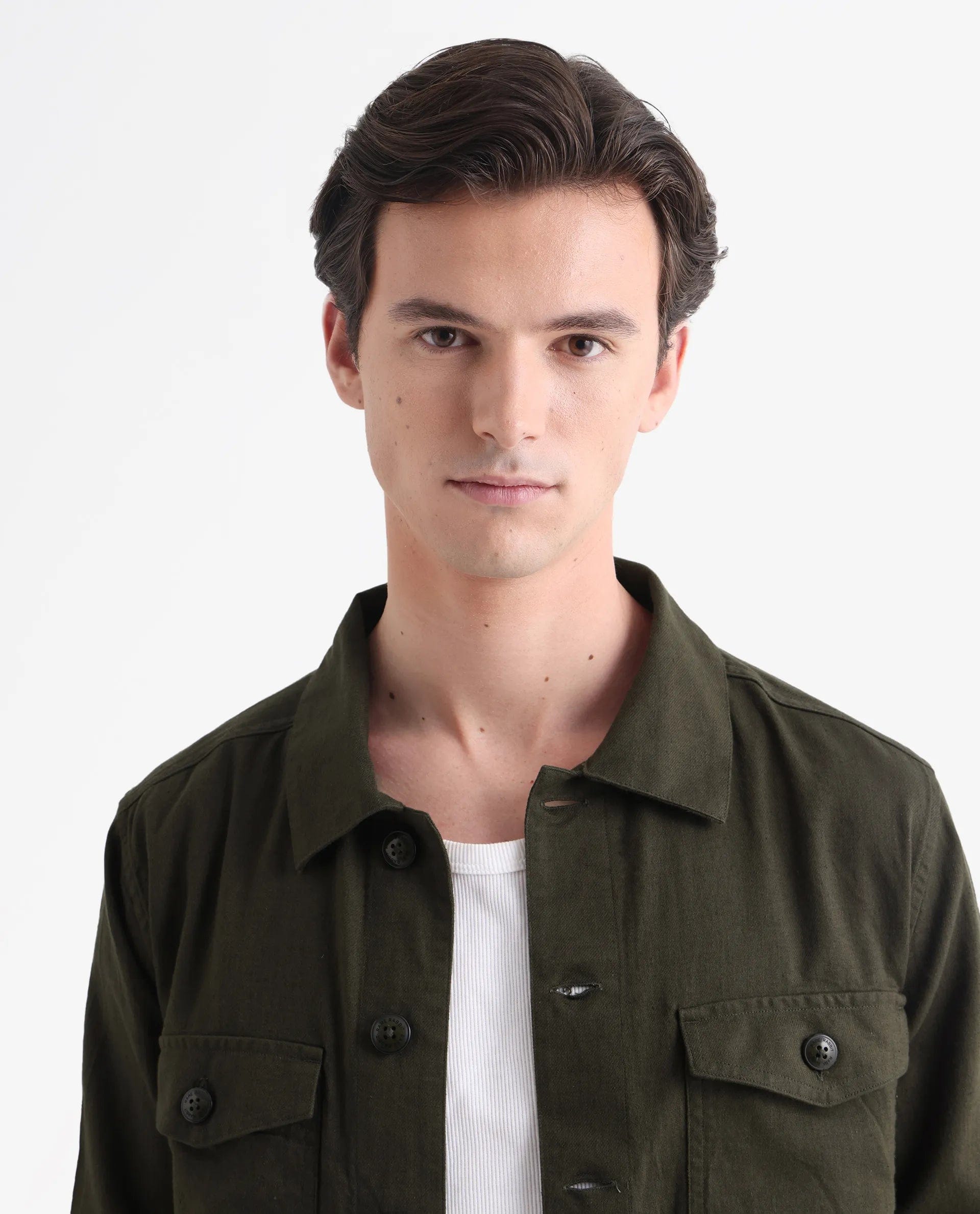 RARE Rabbit Men's Gatter Olive Linen Blend Plain Relaxed Fit Full Sleeve Spread Collar Jacket