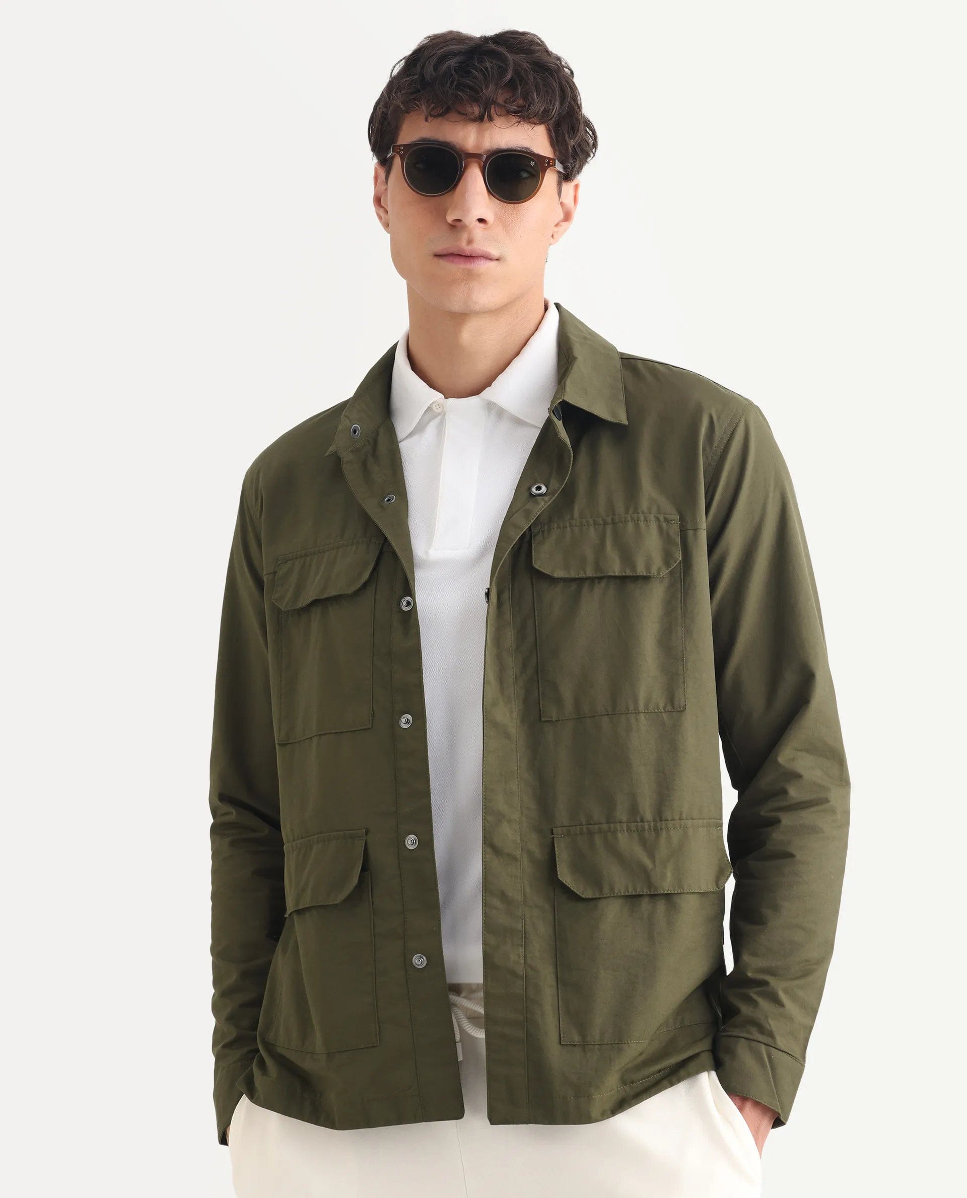 RARE Rabbit Men's Feliu Green Cotton Plain Regular Fit Full Sleeve Spread Collar Jacket