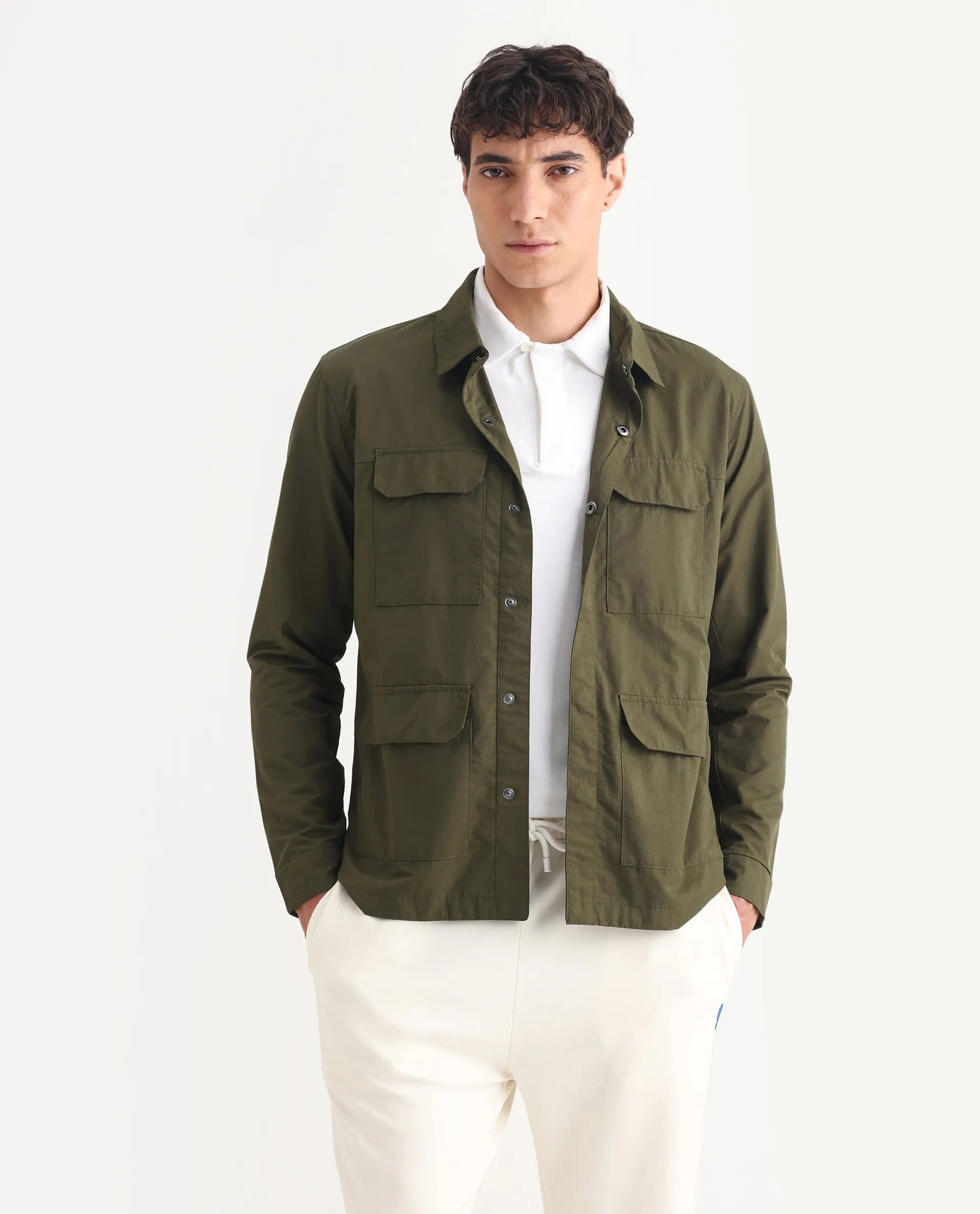 RARE Rabbit Men's Feliu Green Cotton Plain Regular Fit Full Sleeve Spread Collar Jacket