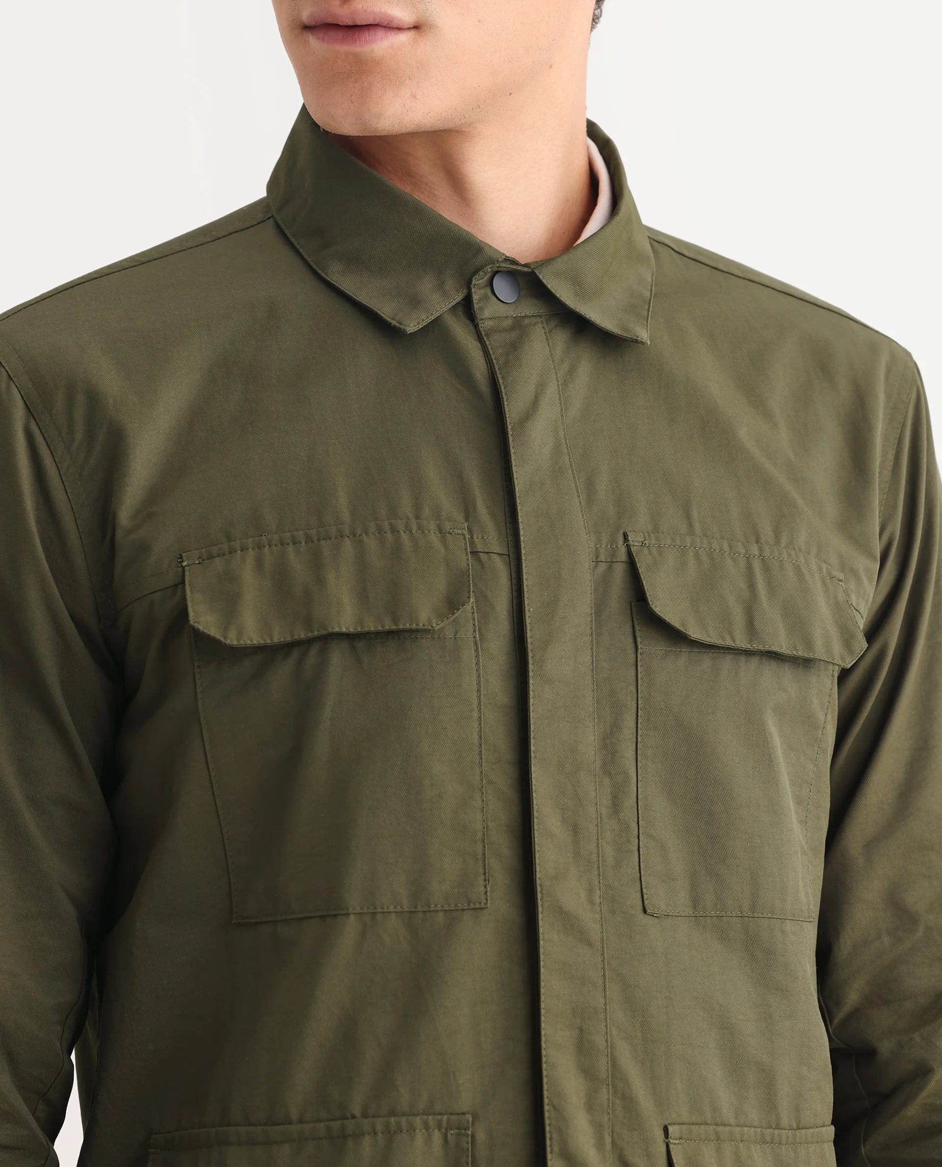 RARE Rabbit Men's Feliu Green Cotton Plain Regular Fit Full Sleeve Spread Collar Jacket