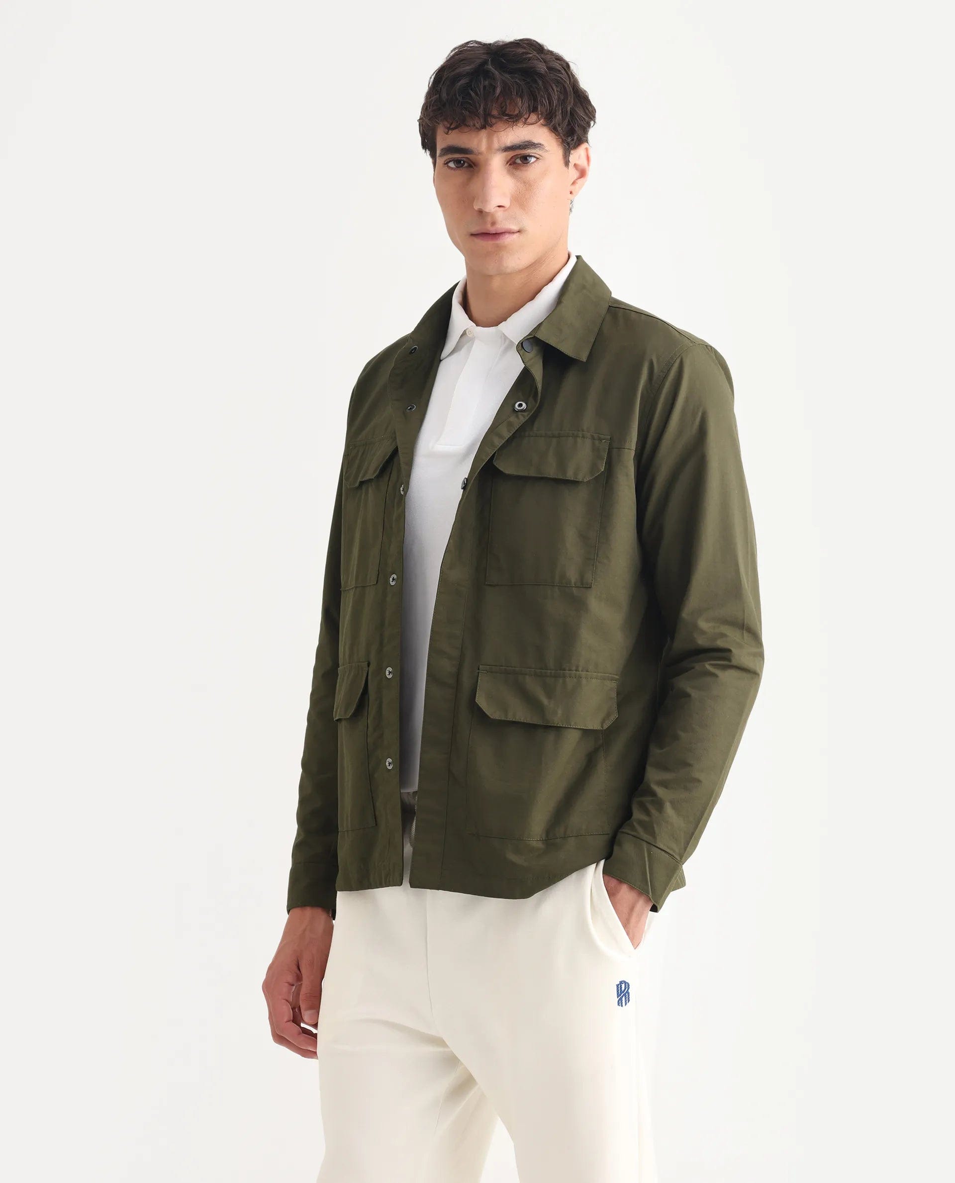 RARE Rabbit Men's Feliu Green Cotton Plain Regular Fit Full Sleeve Spread Collar Jacket