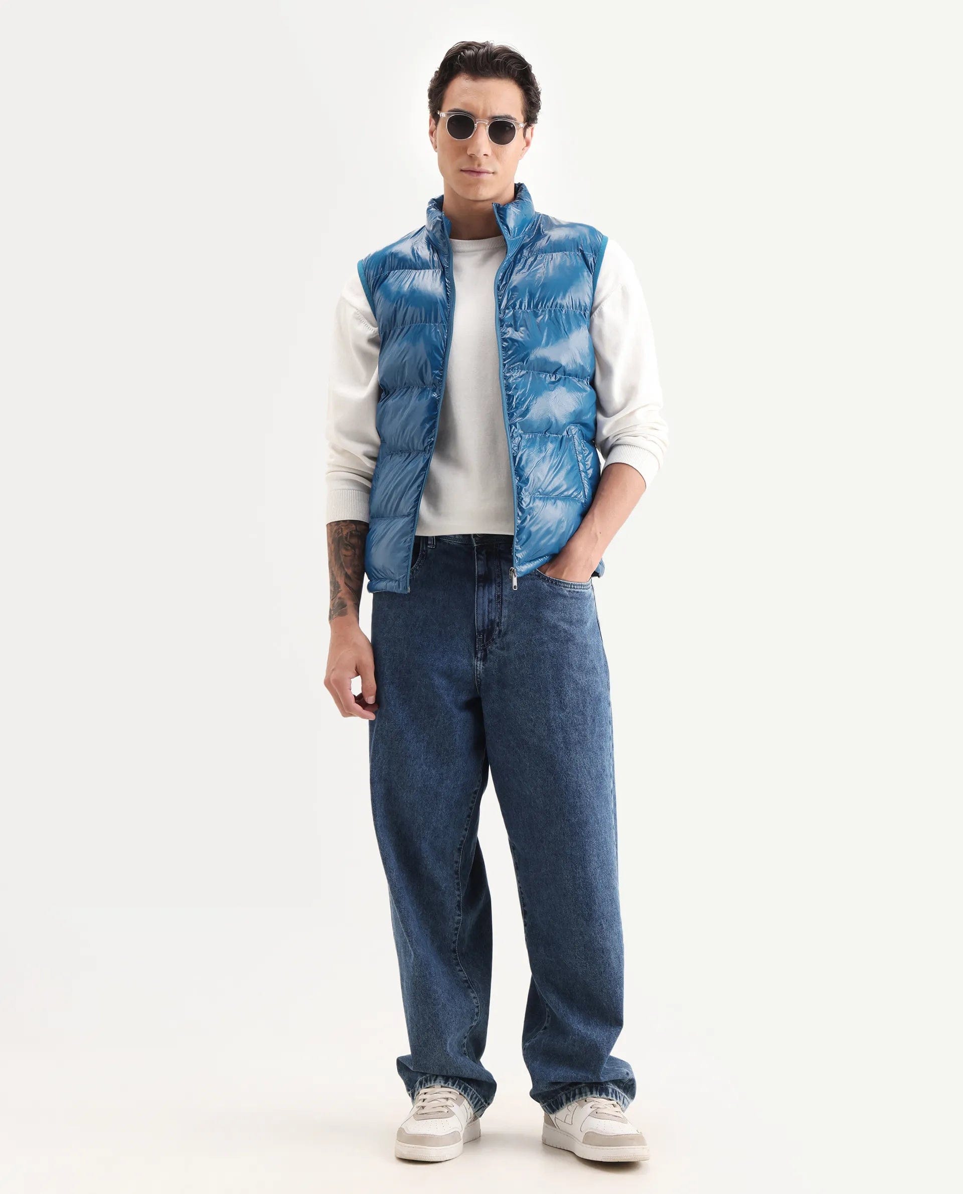 RARE Rabbit Men's Cover Dark Blue Polyester Plain Relaxed Fit Sleeveless High Neck Jacket