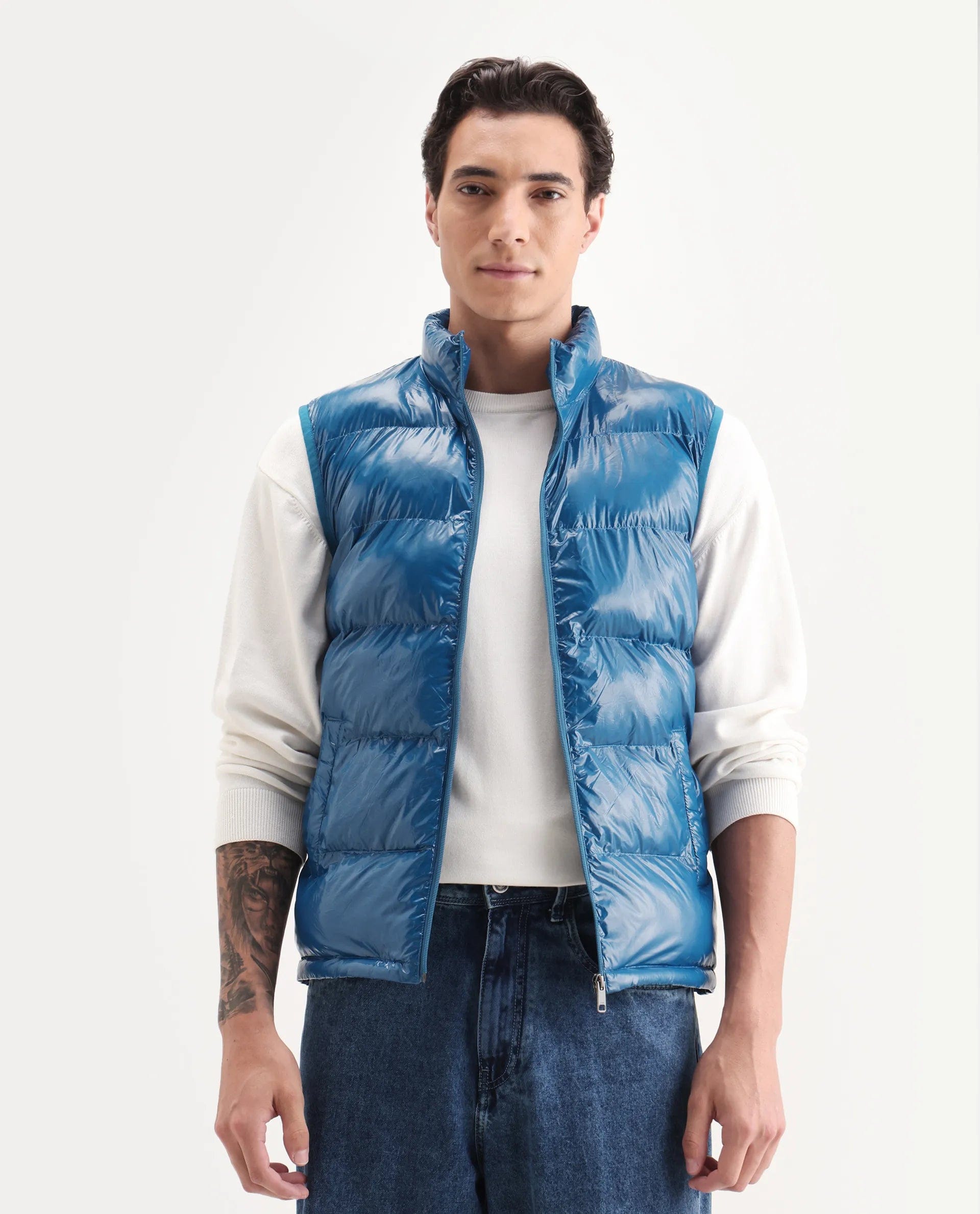 RARE Rabbit Men's Cover Dark Blue Polyester Plain Relaxed Fit Sleeveless High Neck Jacket
