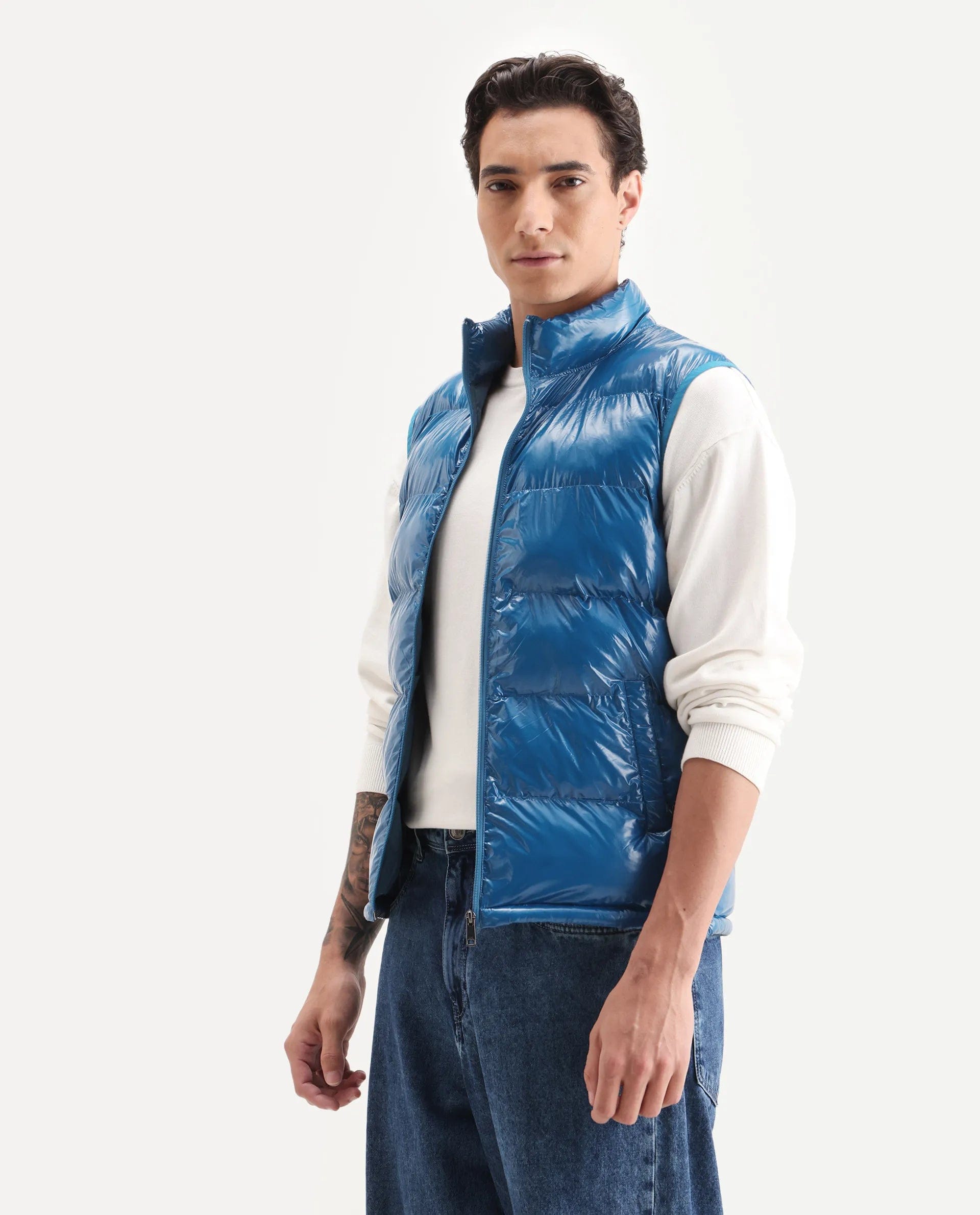 RARE Rabbit Men's Cover Dark Blue Polyester Plain Relaxed Fit Sleeveless High Neck Jacket
